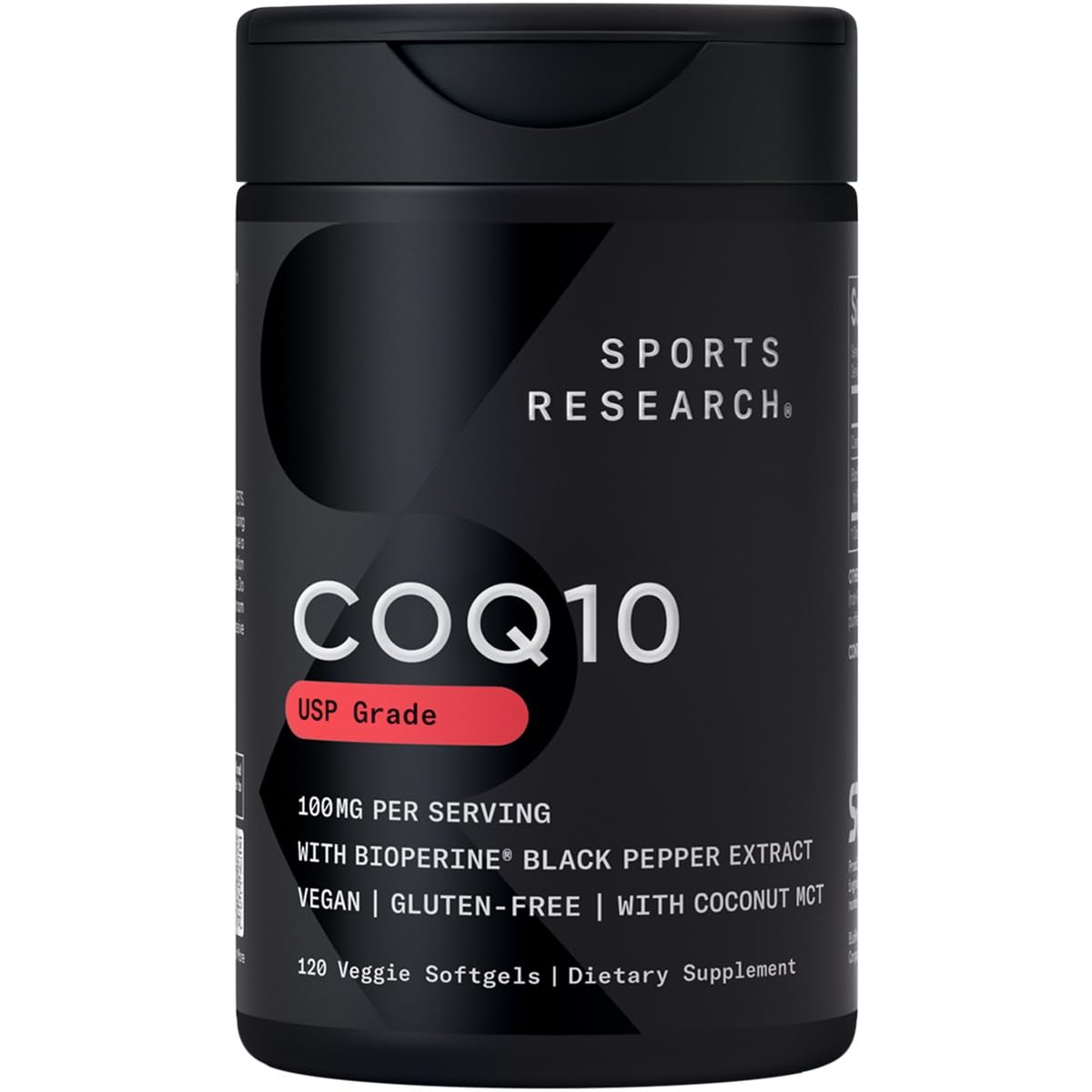 Sports Research CoQ10: bouteille montrant une absorption améliorée grâce à l'huile de coco.