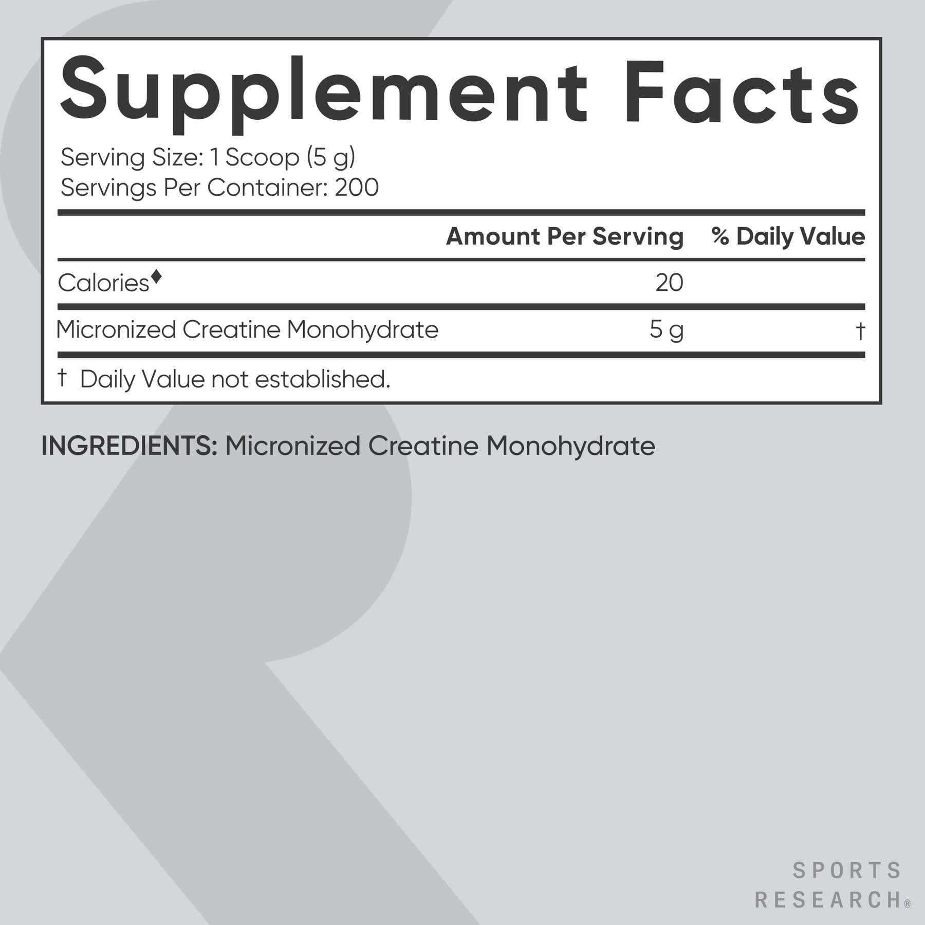 Bouteille Sports Research Creatine Monohydrate, format généreux pour la routine d'entraînement.