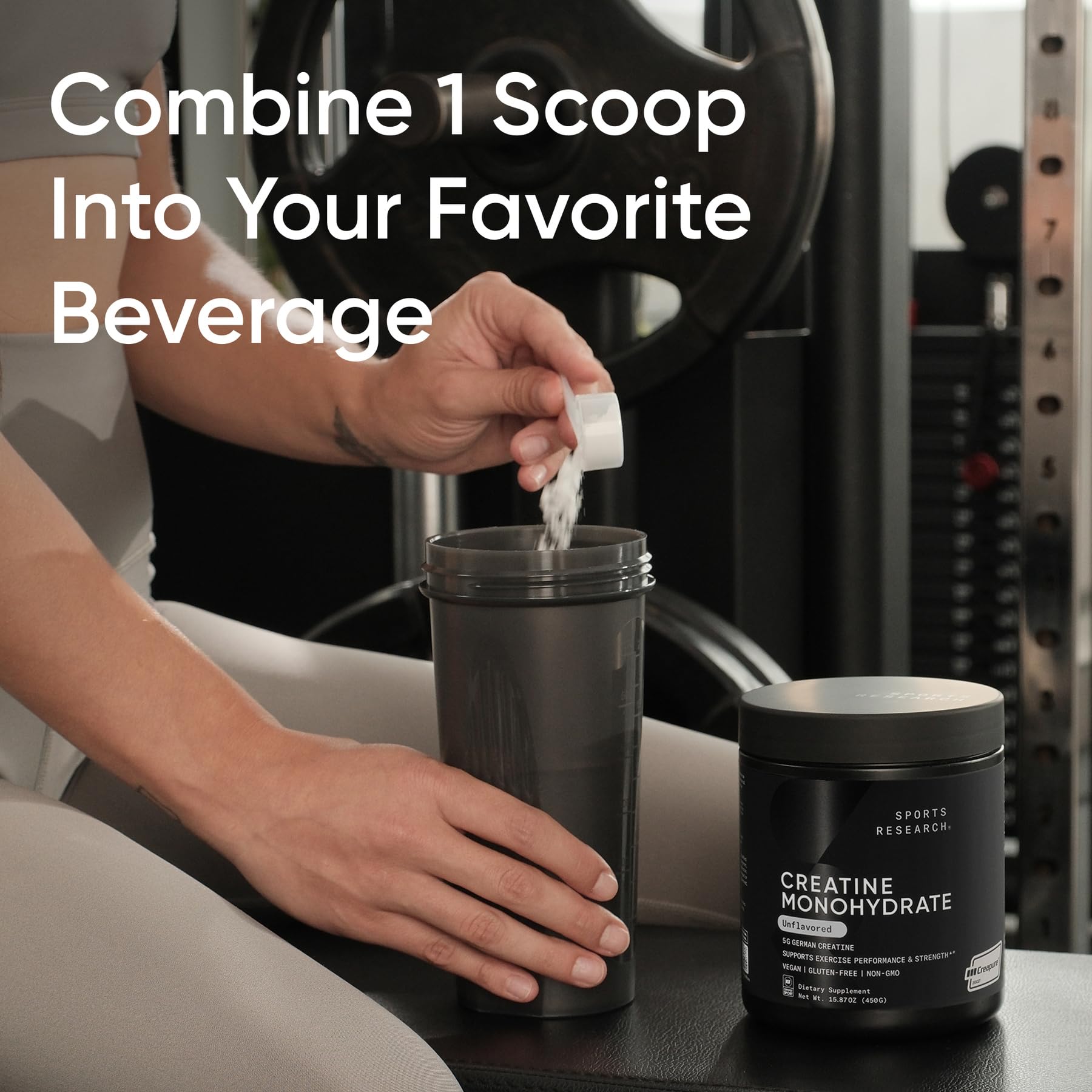 Sports Research Creapure Creatine Monohydrate – étiquette Creapure et pureté.