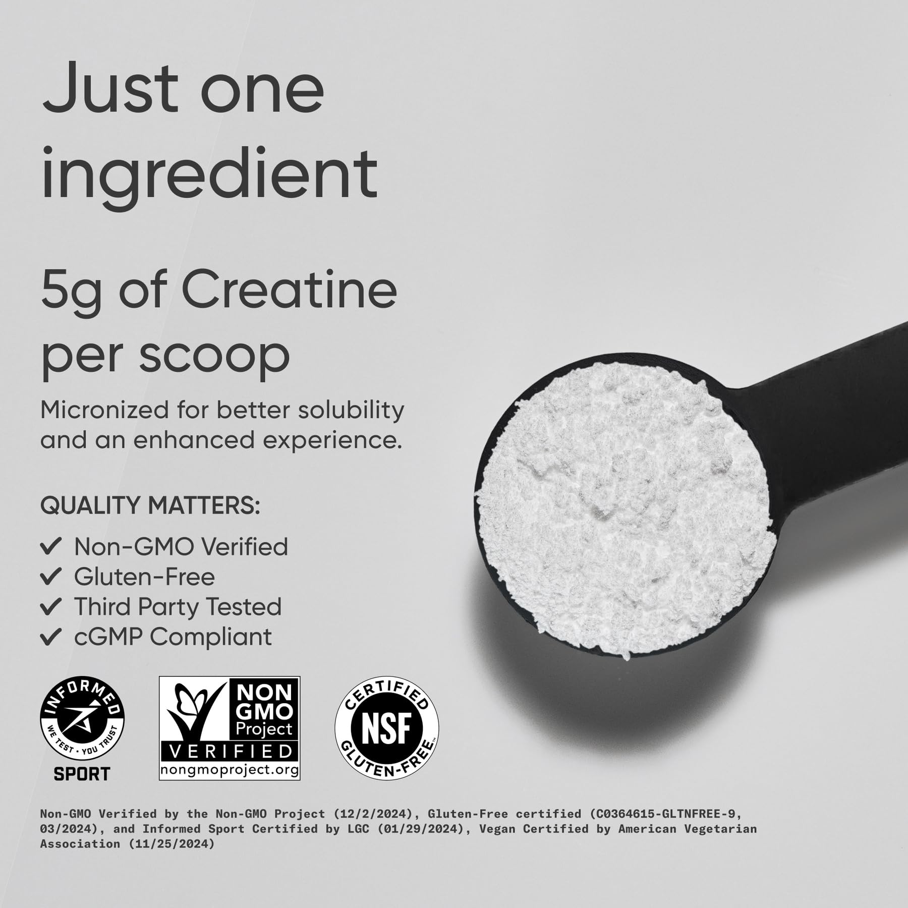 Étiquette végan et sans gluten sur Sports Research Creatine Monohydrate, traçabilité assurée.