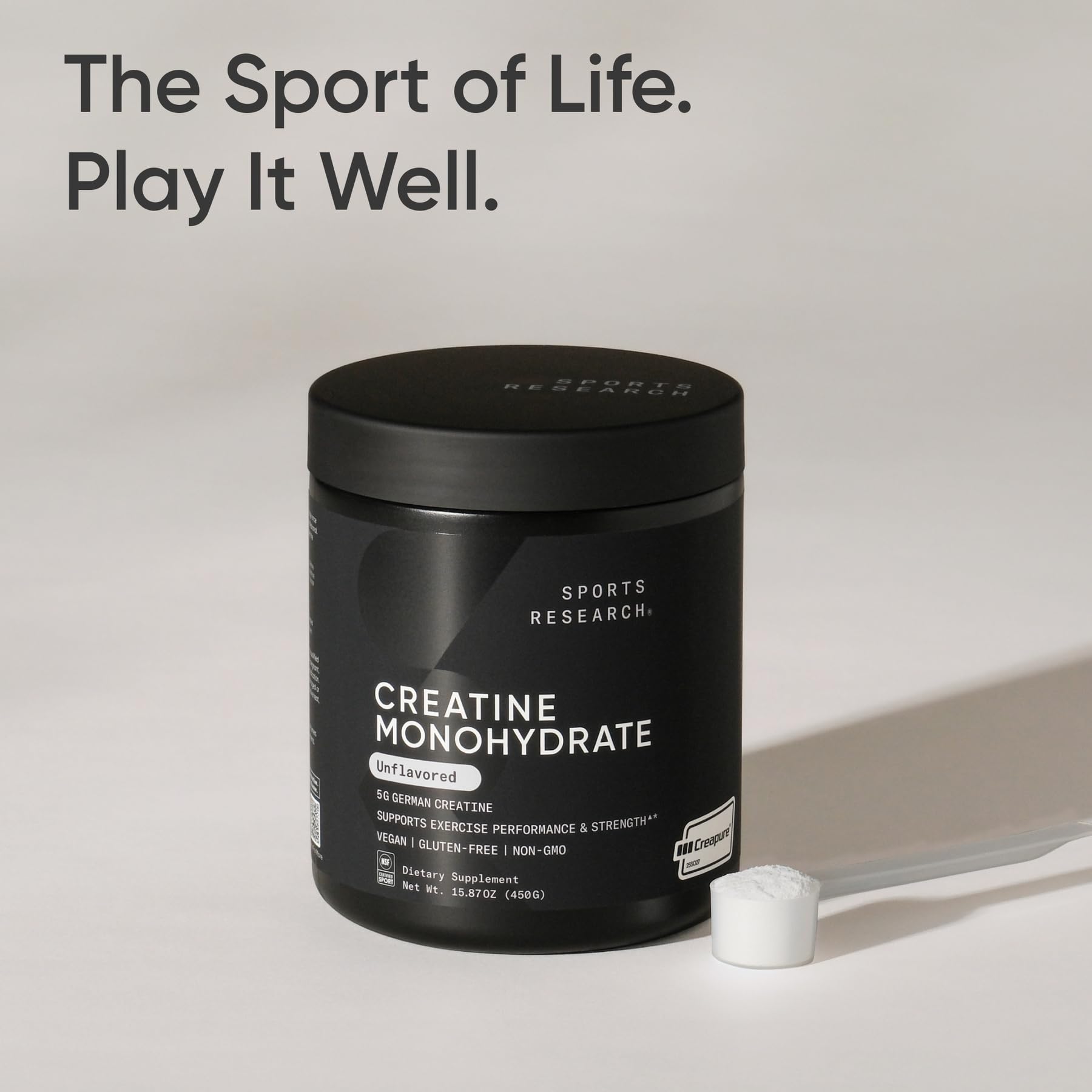 Sports Research Creapure Creatine Monohydrate – poudre non aromatisée et dissolution rapide.