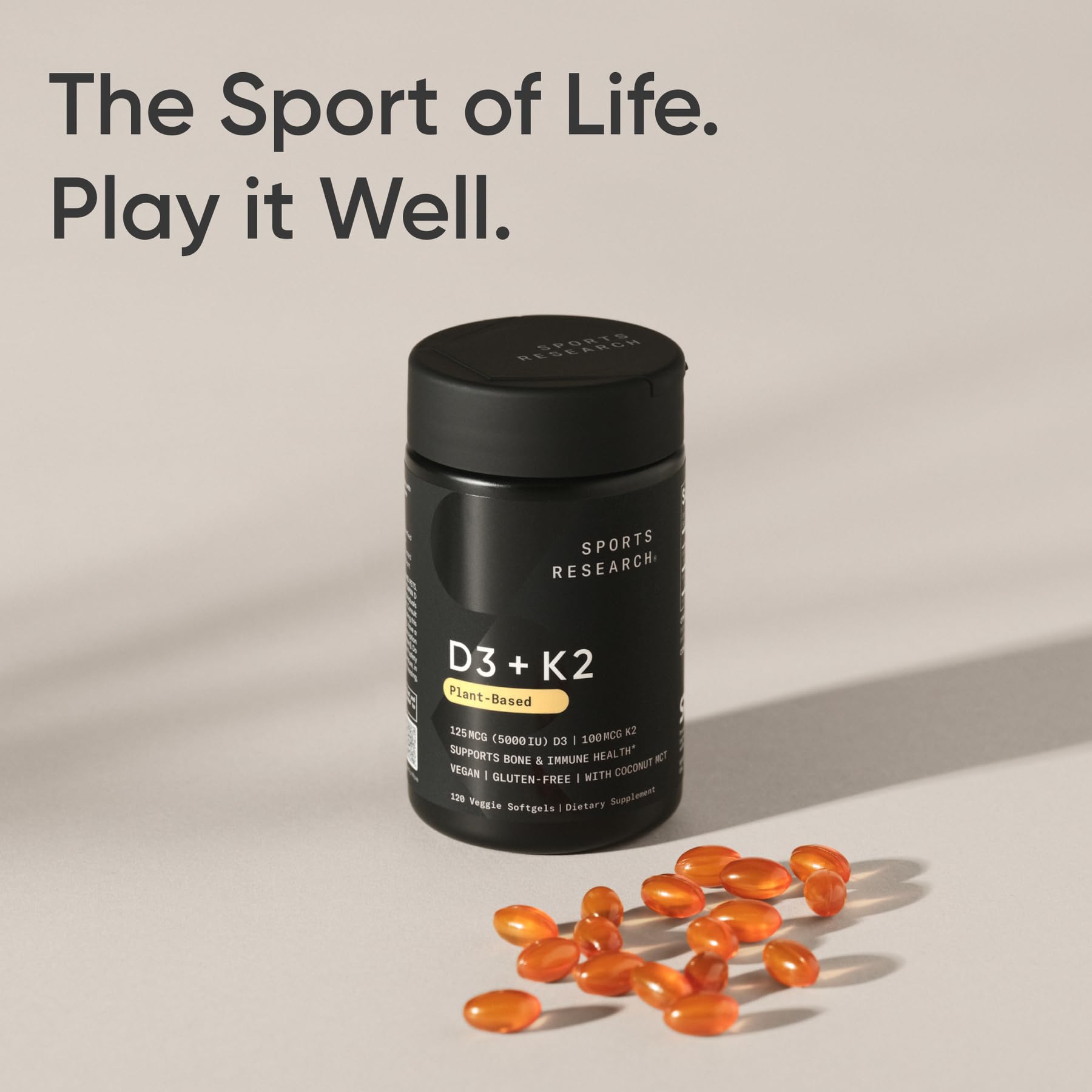 Sports Research D3 K2, gélules faciles à absorber grâce à l’huile MCT.