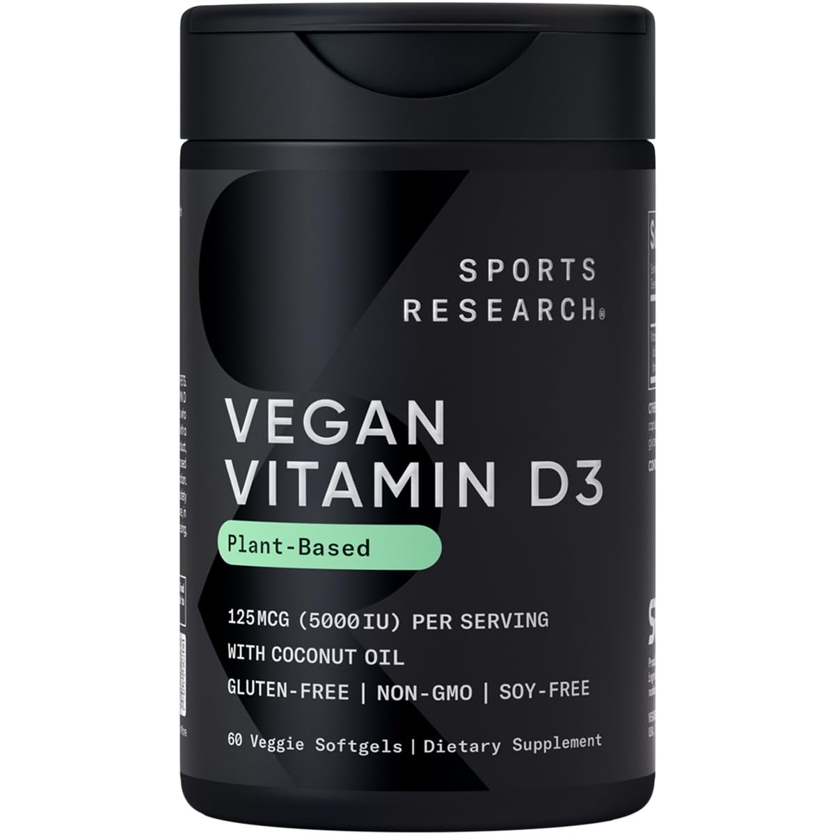 Sports Research D3 végane, bouteille capsules végétales coco, absorption optimale.