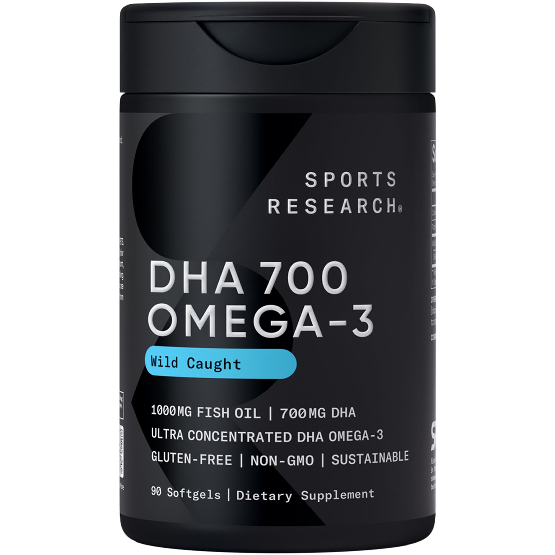 Sports Research DHA Omega-3 Softgel : bouteille montrant des gélules faciles à avaler et sans arrière-goût.
