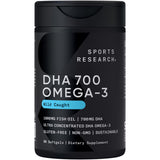 Sports Research DHA Omega-3 Softgel : bouteille montrant des gélules faciles à avaler et sans arrière-goût.