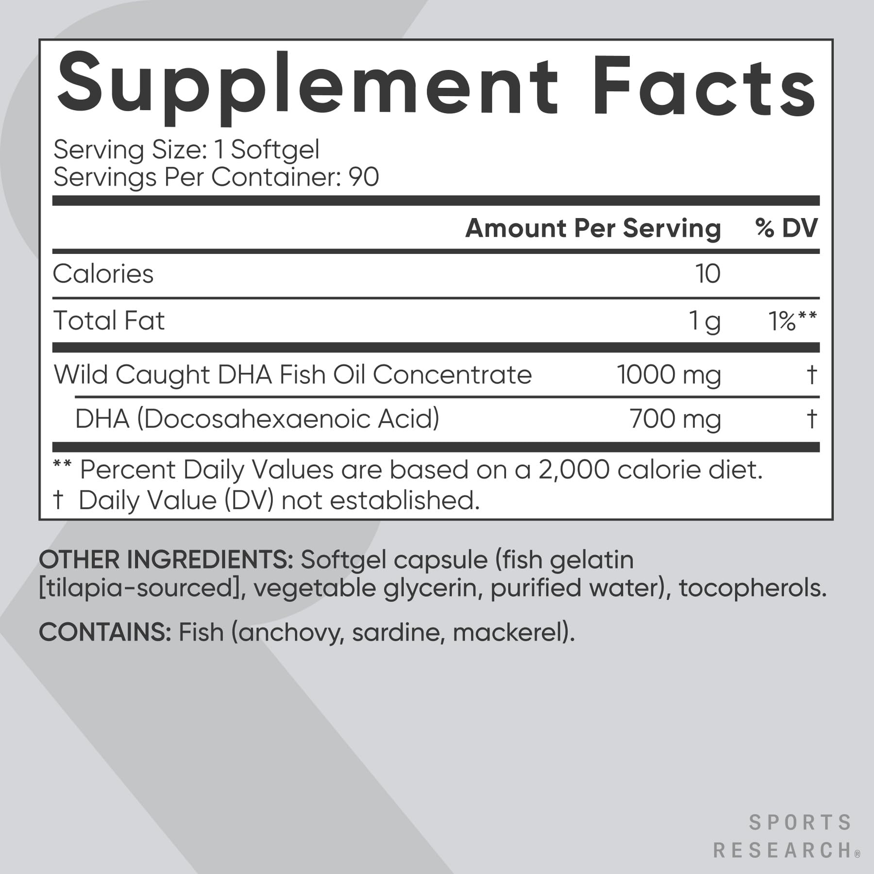 Sports Research DHA Omega-3 sans OGM et sans gluten, adapté à divers régimes.