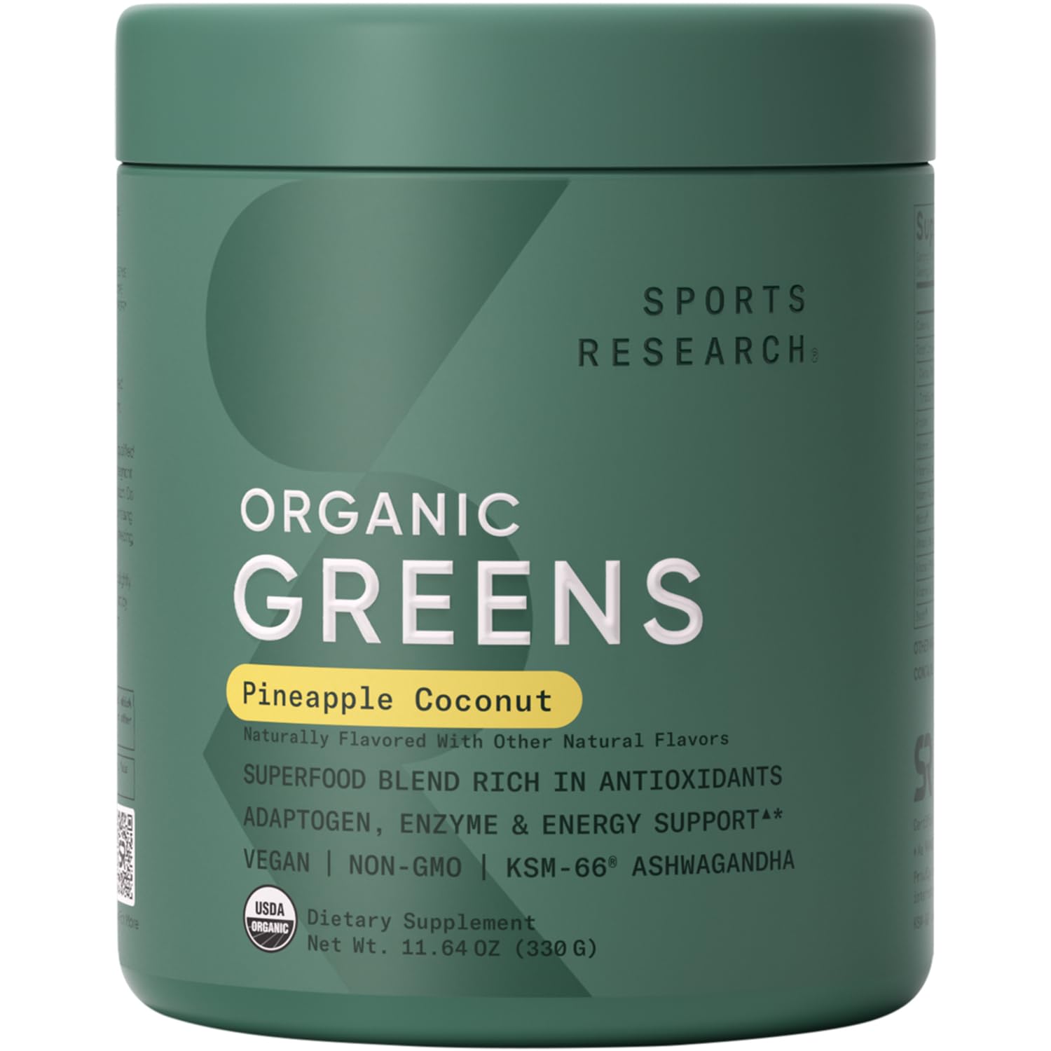 Sports Research emballage poudre verte bio, prêt pour un petit-déjeuner rapide et sain.