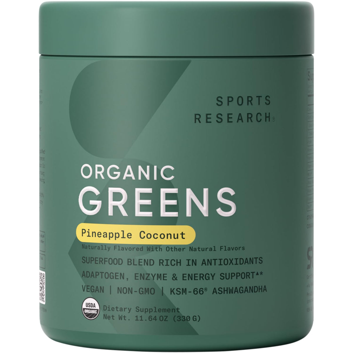 Sports Research emballage poudre verte bio, prêt pour un petit-déjeuner rapide et sain.