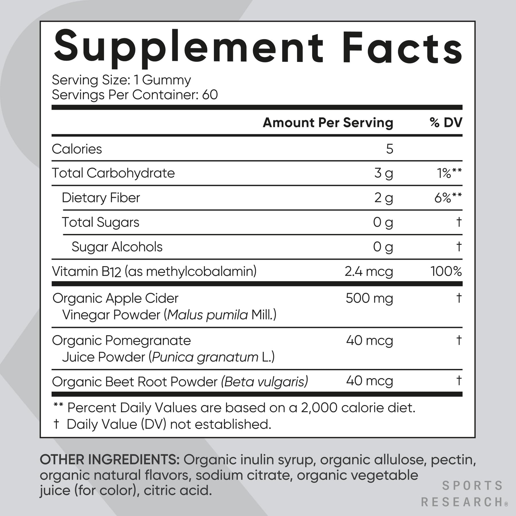 Gommes Sports Research Vinaigre de cidre, certifications vegan et biologique clairement affichées.