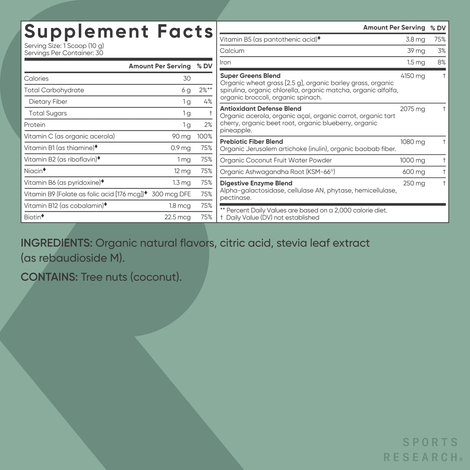 Sports Research Greens Fibres Baobab et artichaut, soutien prébiotique et satiété.