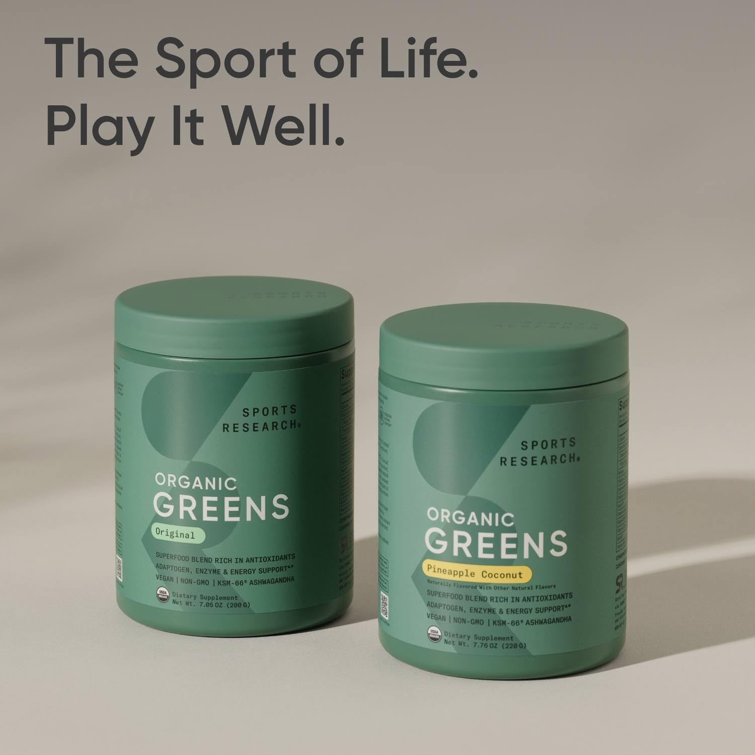Gros plan sur spiruline et ashwagandha dans Sports Research Greens.