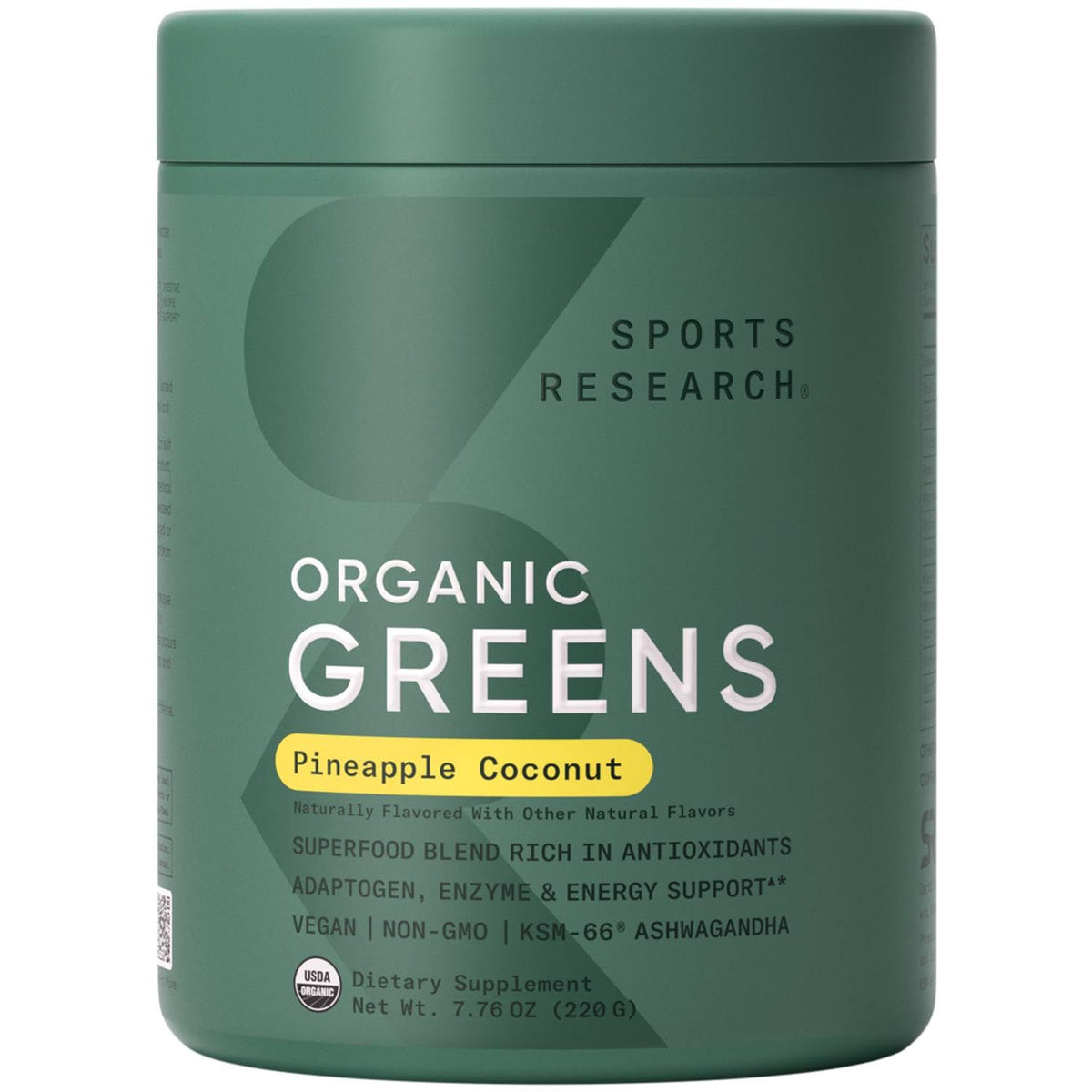 Poudre bio Sports Research Greens prête à l’emploi pour énergie et digestion.