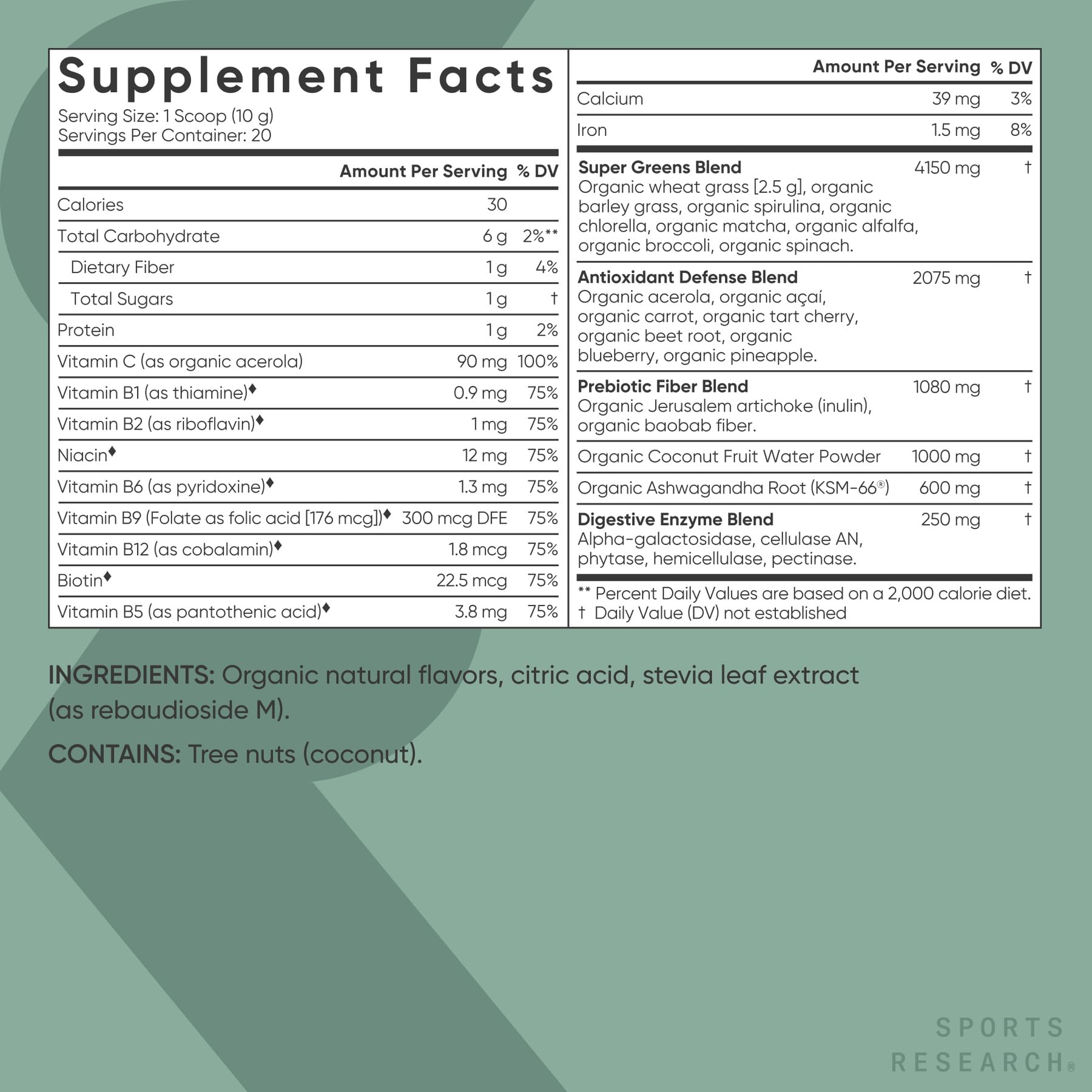 Sports Research Greens Poudre Spiruline et Chlorelle — ingrédients premium pour digestion et énergie.