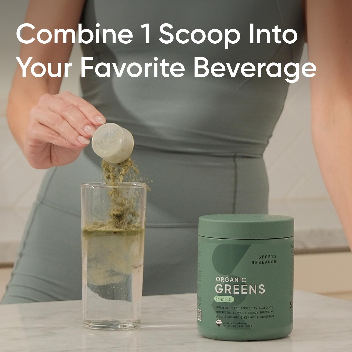Sports Research Greens Spiruline-Chlorelle, mélange riche en nutriments végétaux.