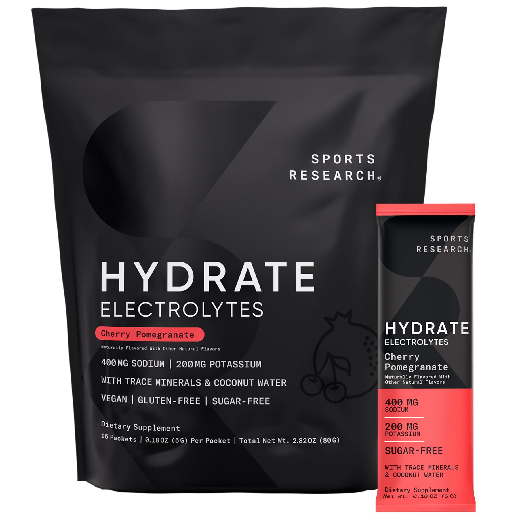 Boîte Sports Research Hydrate avec sachets sans sucre, pratique en déplacement.