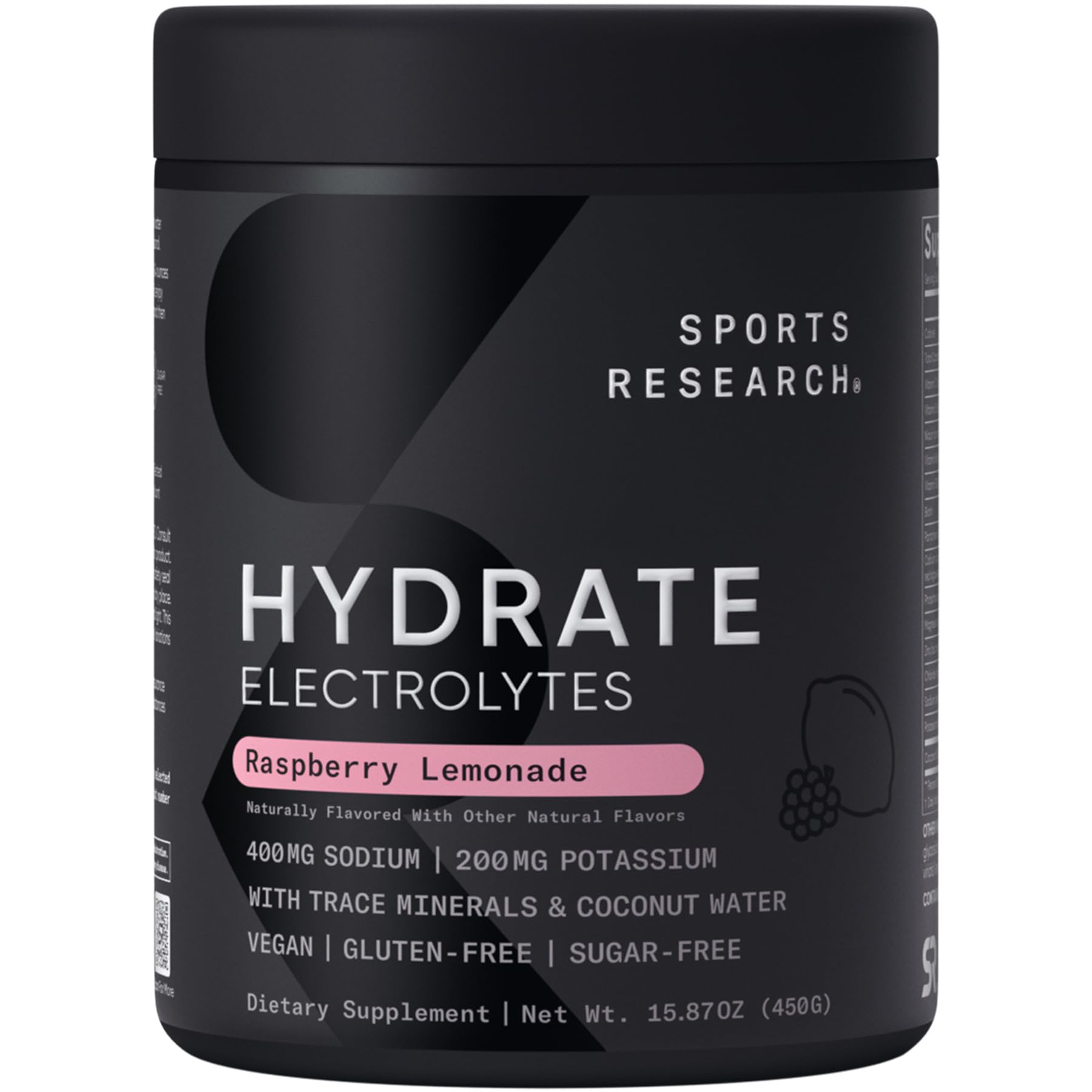Sports Research Hydrate – poudre électrolytes prête à être mélangée pour une hydratation efficace.