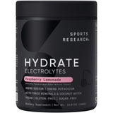 Sports Research Hydrate – poudre électrolytes prête à être mélangée pour une hydratation efficace.