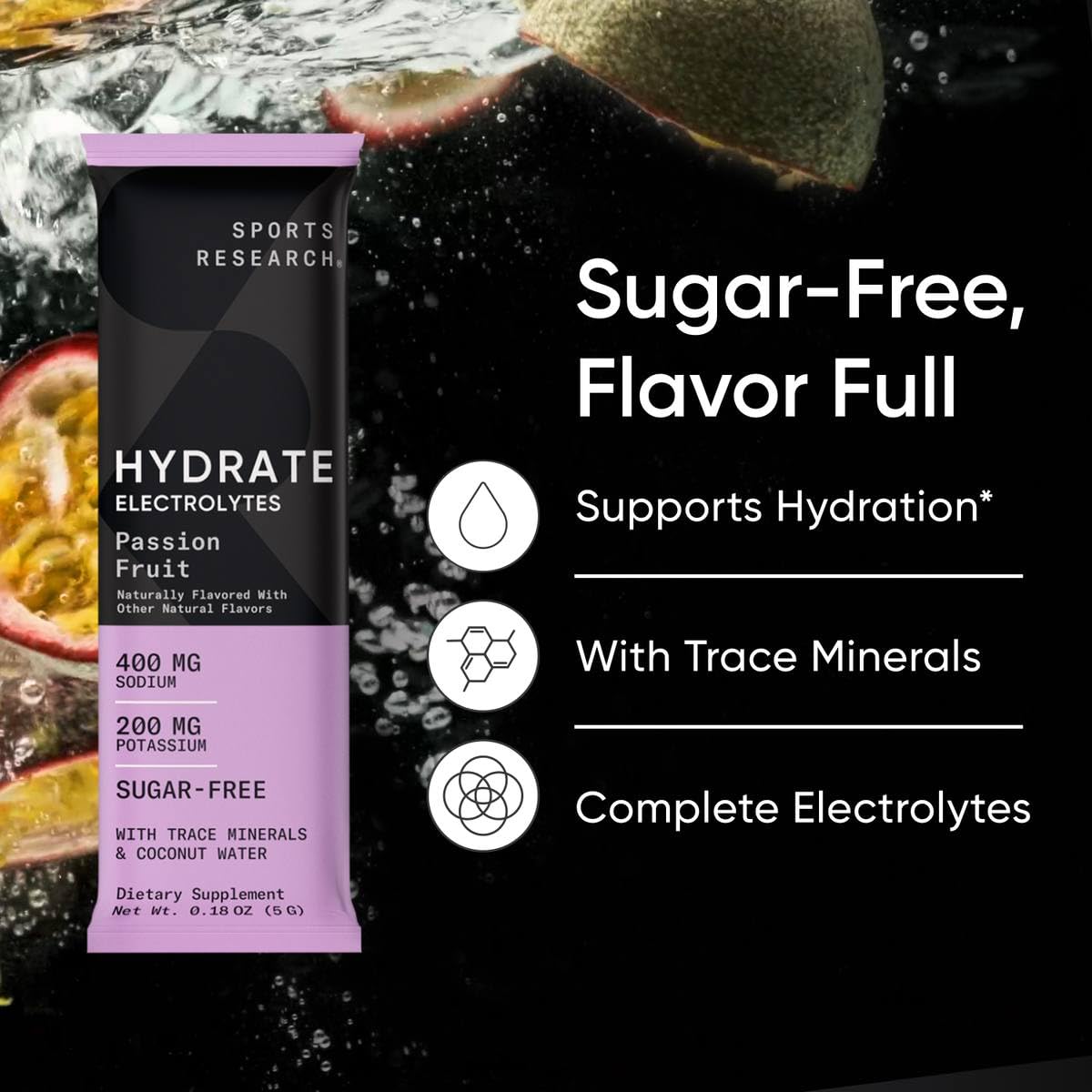 Sports Research Hydrate sachet citron-vert, rafraîchissant et sans sucre ajouté