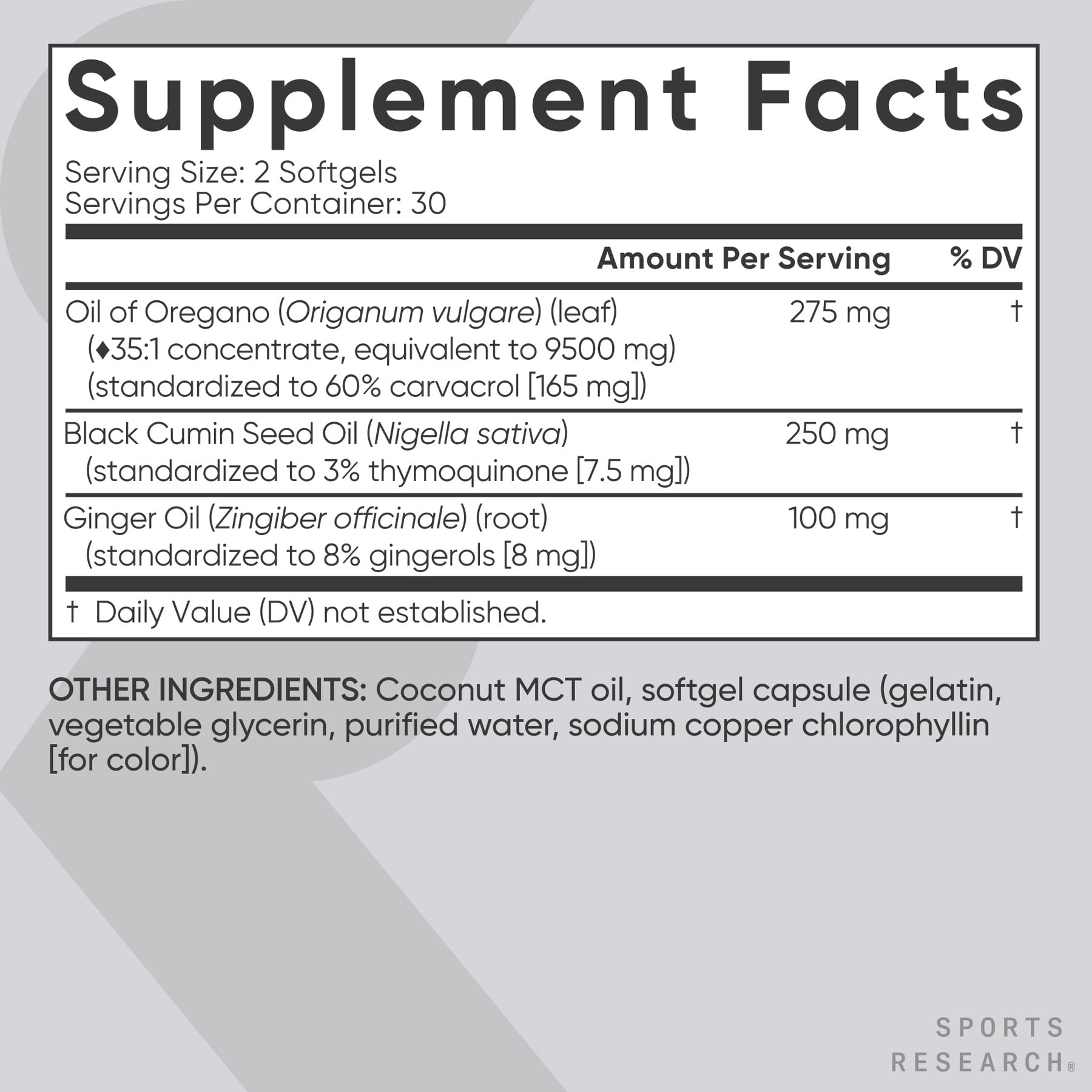 Sports Research ingrédients: origan, cumin noir et gingembre – aperçu des composants.
