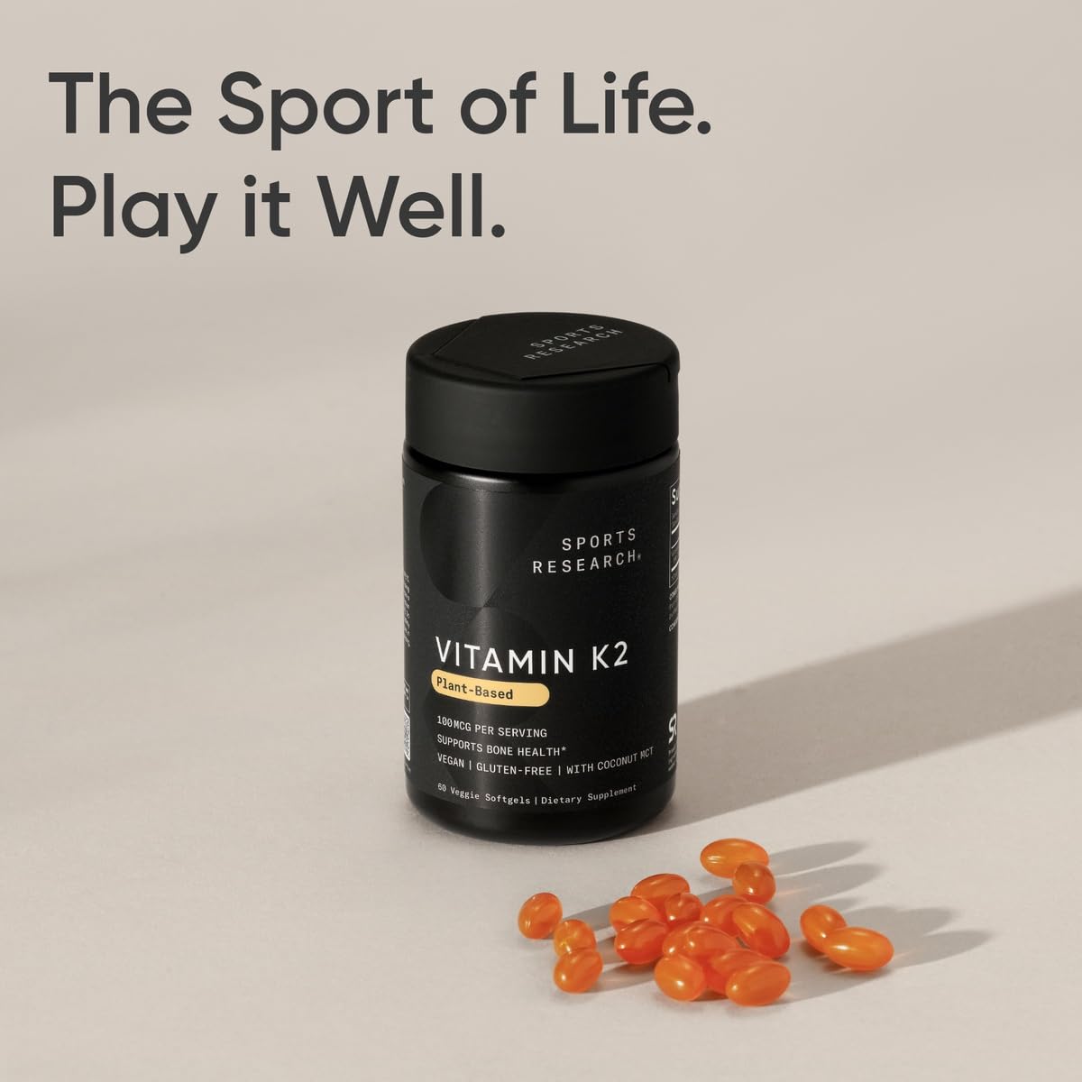 Sports Research K2 MK7 absorption optimisée – prise avec repas pour meilleurs résultats.