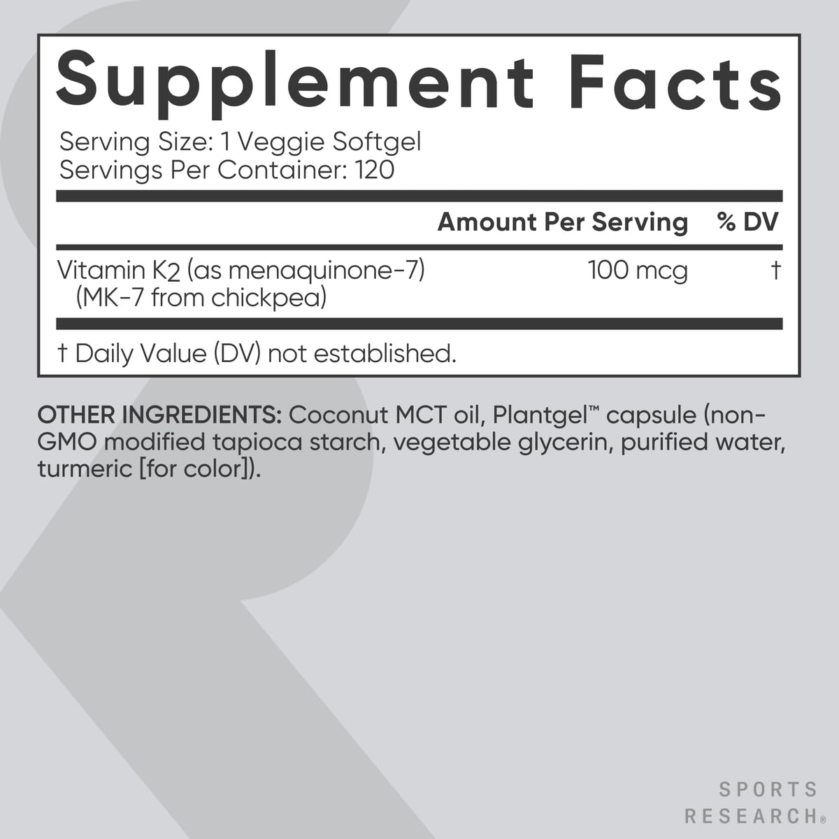 Sports Research K2 MK7 capules vegan sans gluten, adaptées aux régimes sans gluten.