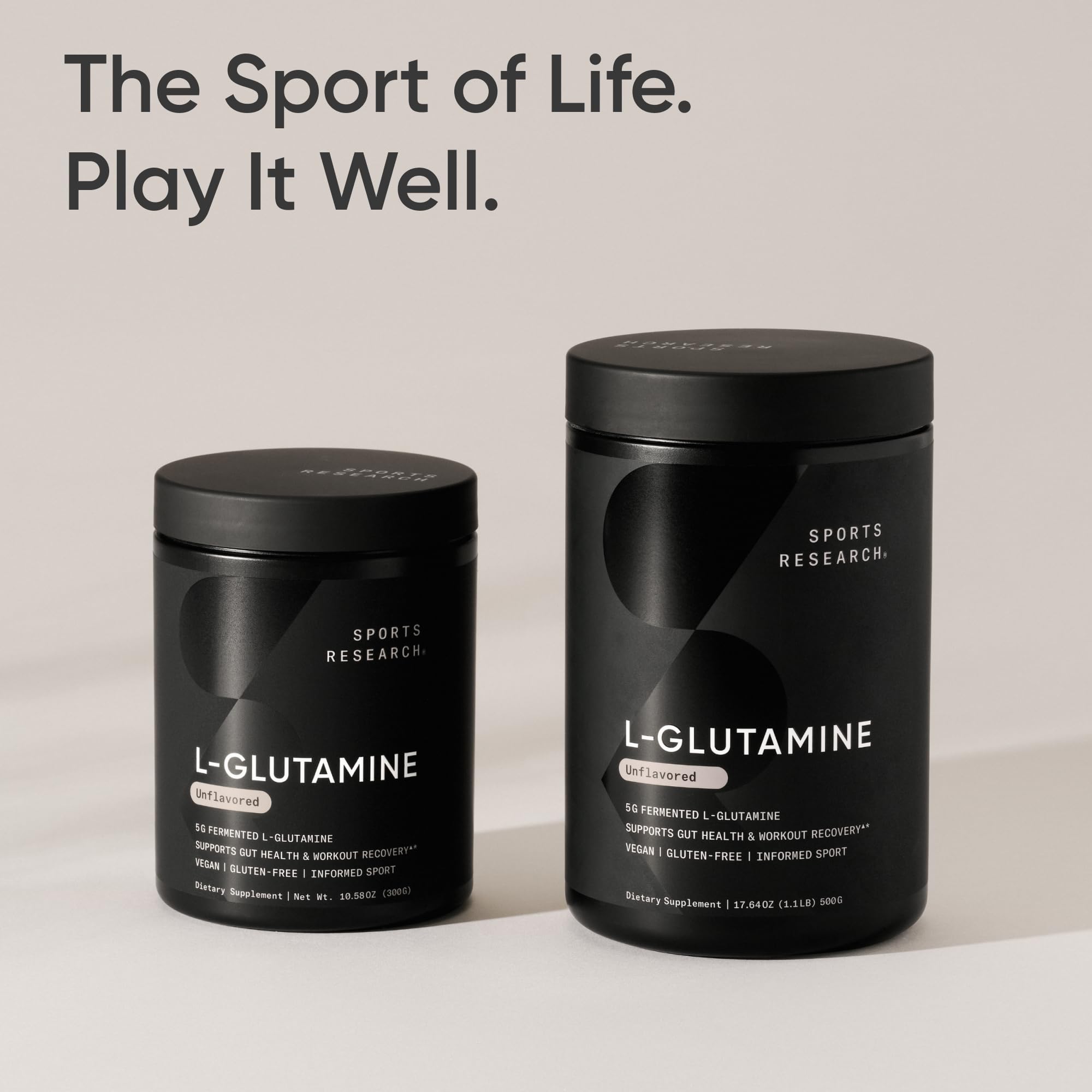 Bouteille Sports Research L-Glutamine avec étiquette claire et lisible.