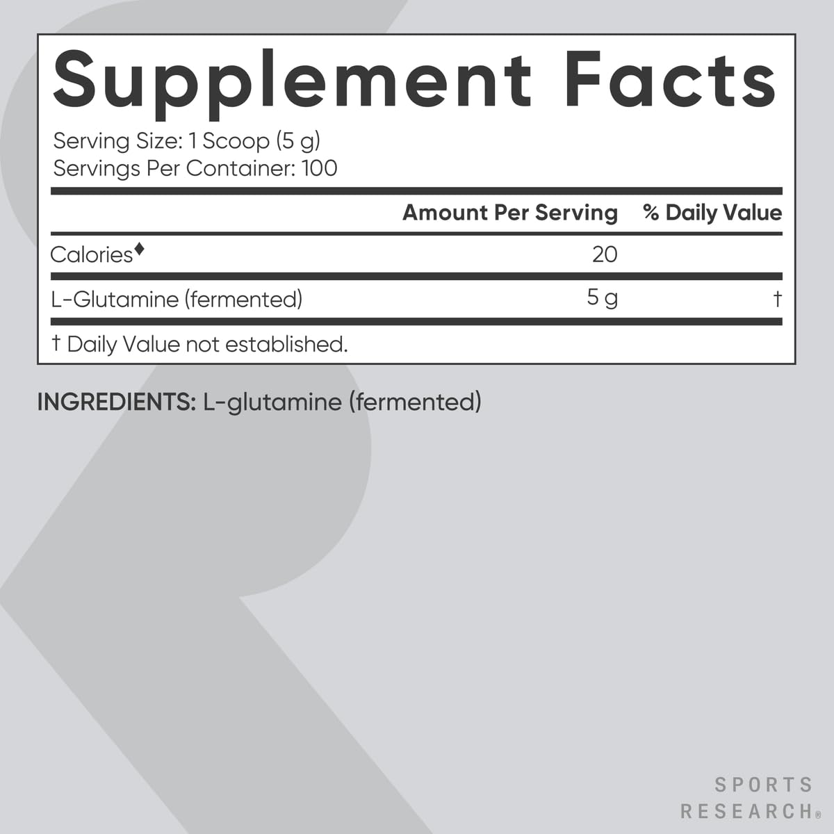 Sports Research L-Glutamine: étiquette du produit et informations qualité sans gluten.