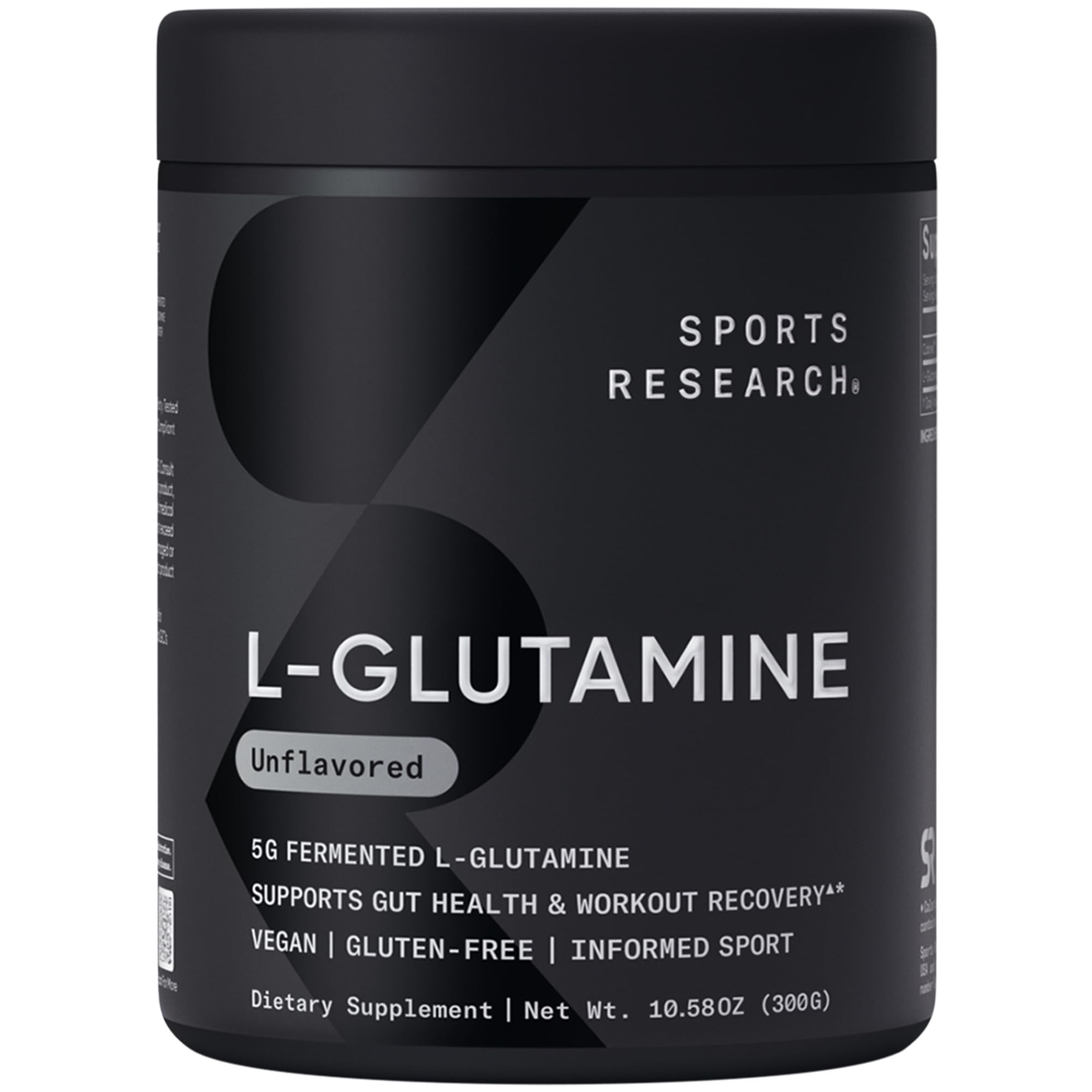 Sports Research L-Glutamine dans son emballage prêt pour la récupération après l'entraînement.