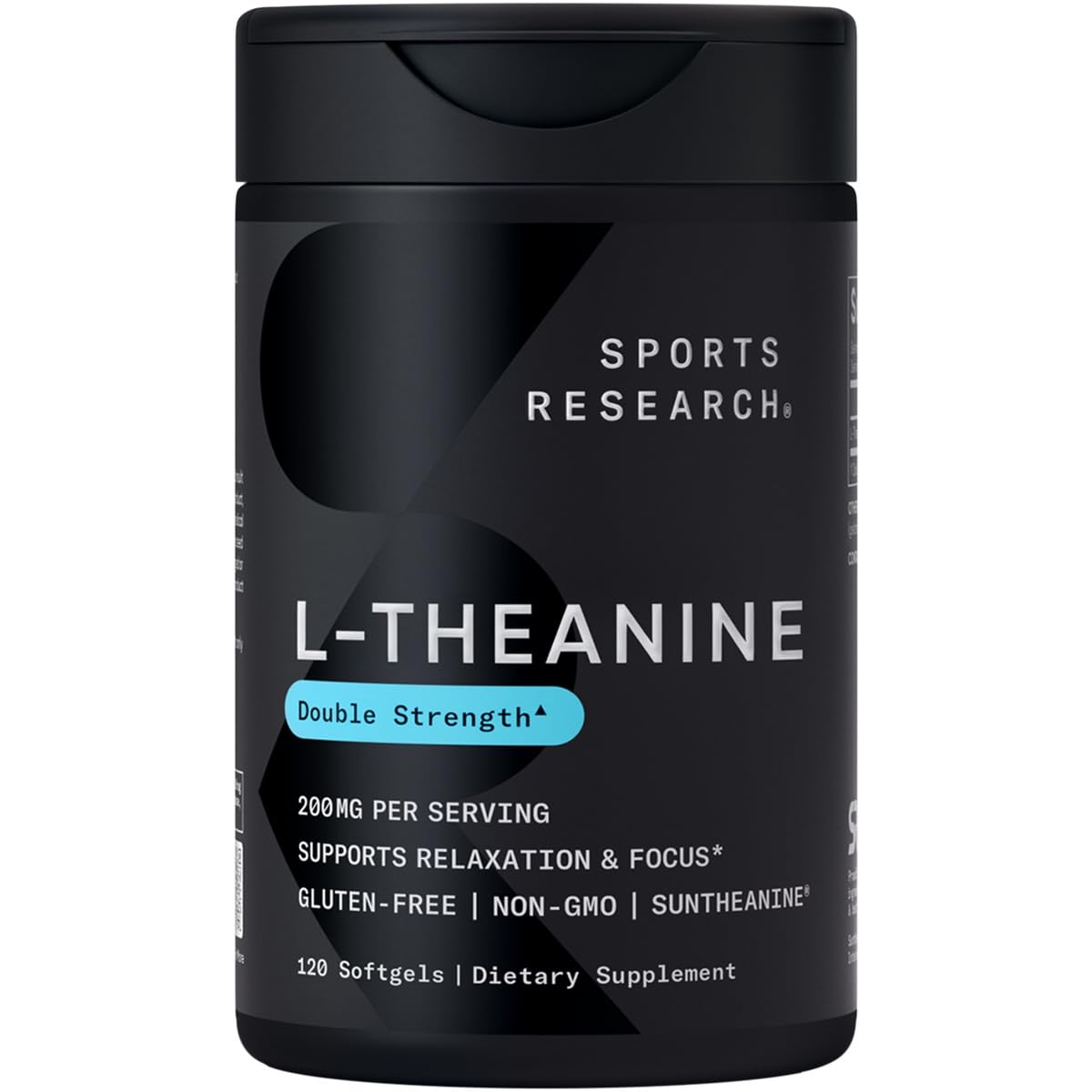 Sports Research L-Theanine 200mg - bouteille exposée, soutien à la concentration et au calme.