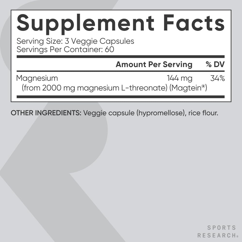 Sports Research Magnésium L‑Thréonate – logo Magtein, gage de qualité et de recherche.