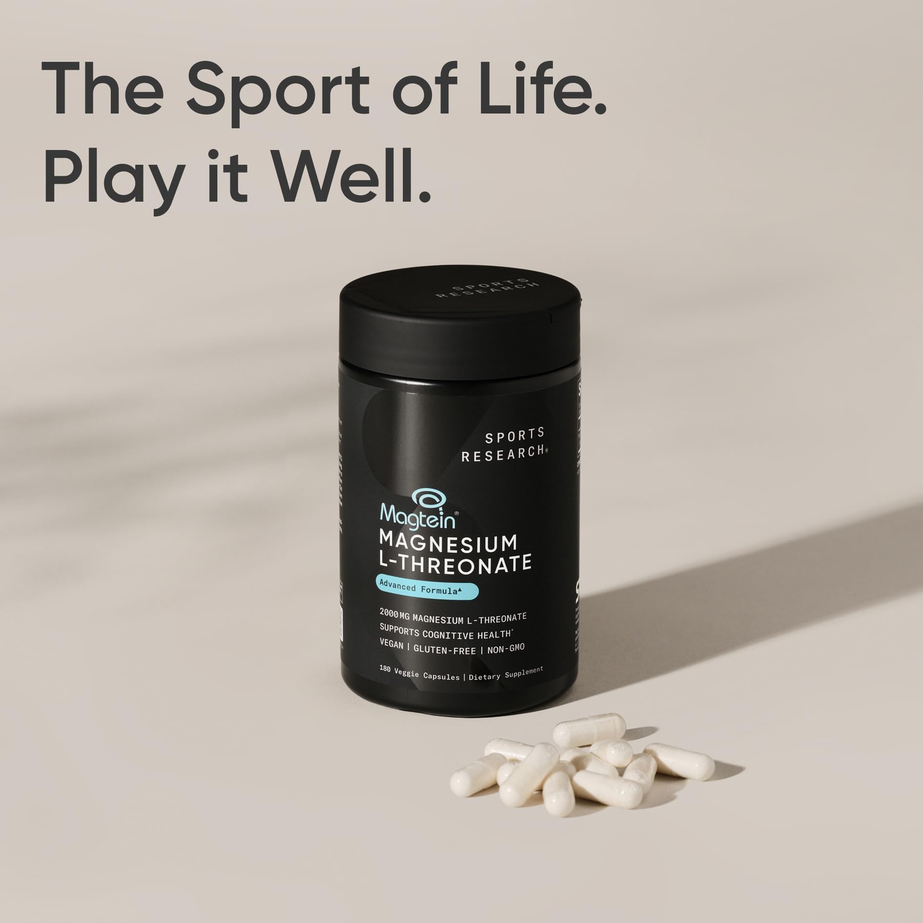 Sports Research Magnésium L‑Thréonate – produit vegan sans OGM et sans gluten.