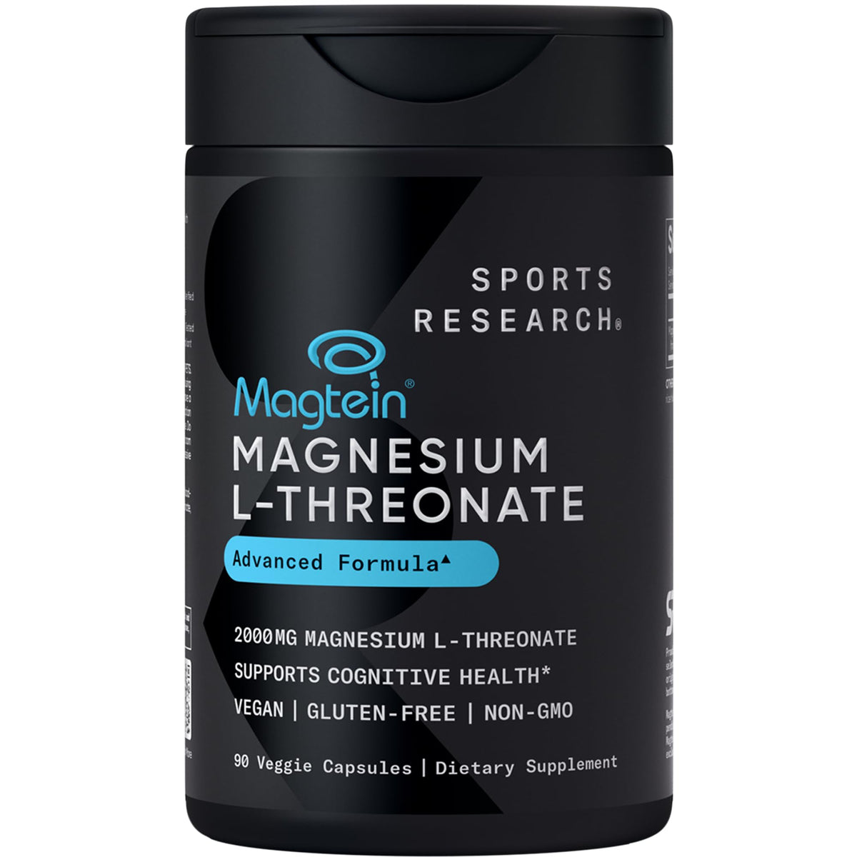 Sports Research Magtein gélules dans une bouteille fermée, utilisation quotidienne possible.