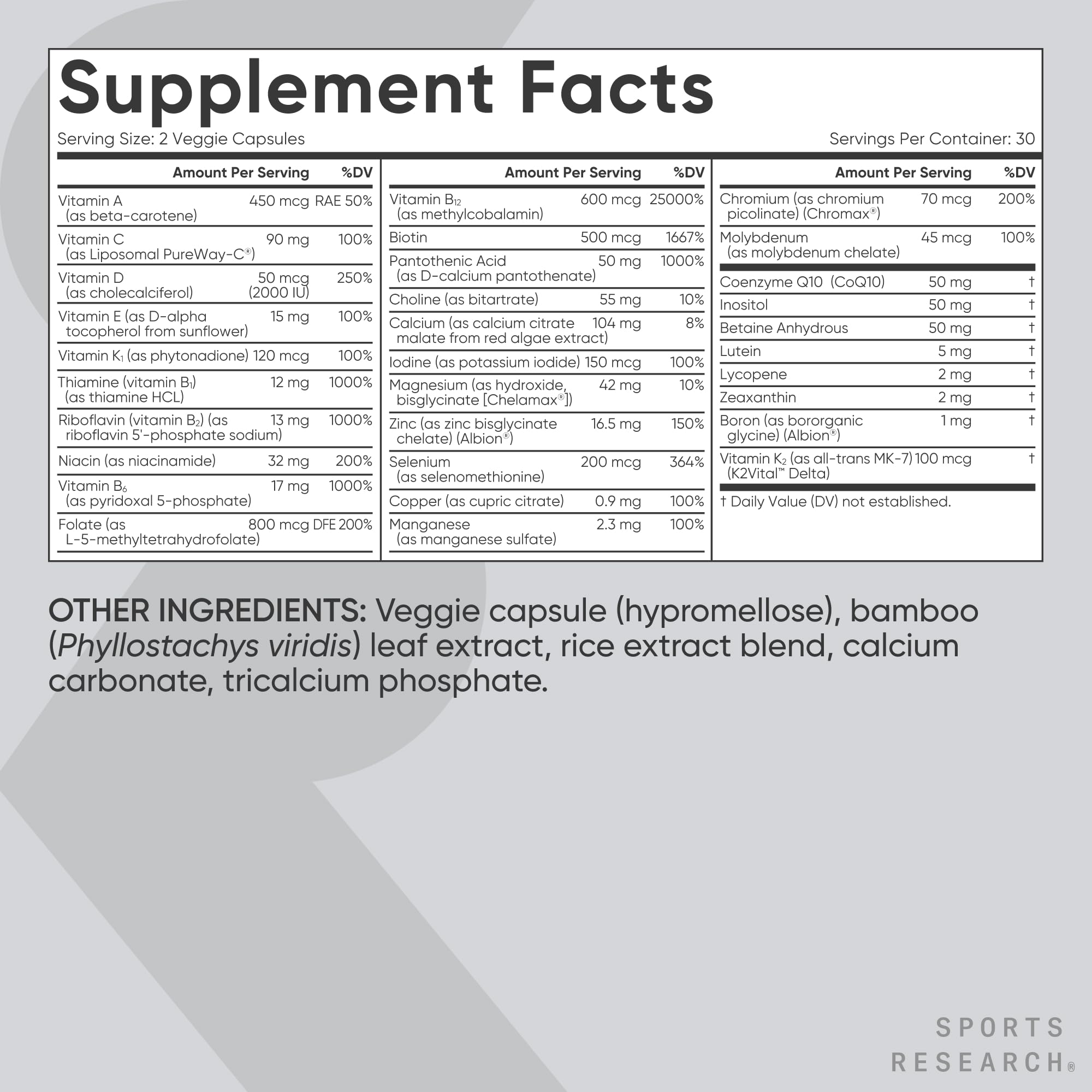 Ingrédients clés – 23 nutriments essentiels de Sports Research Avancée.