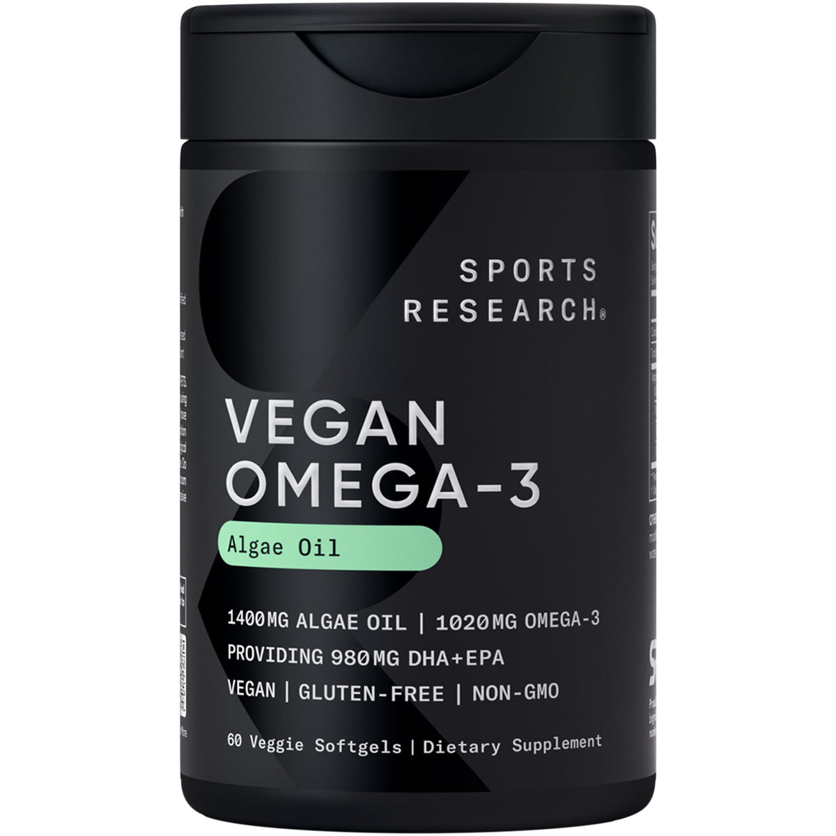 Sports Research Omega-3 véganes en bouteille, source d’oméga-3 végétal.