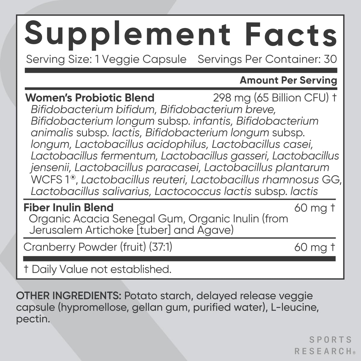 Sports Research Probiotiques Femmes – inuline, 60 mg de fibre pour digestion.