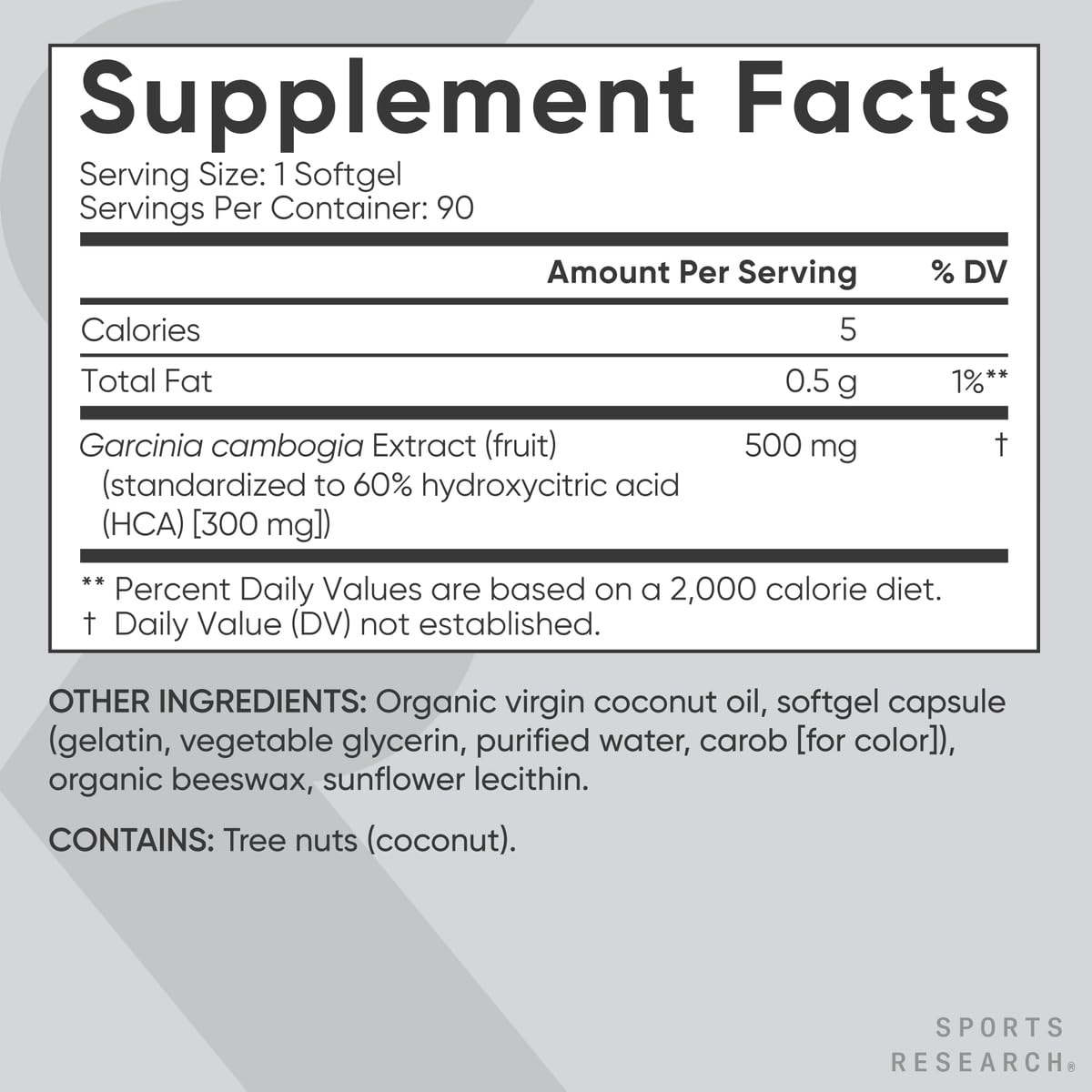 Sports Research Garcinia Cambogia – sans OGM, sans soja et sans gluten sur l'emballage.