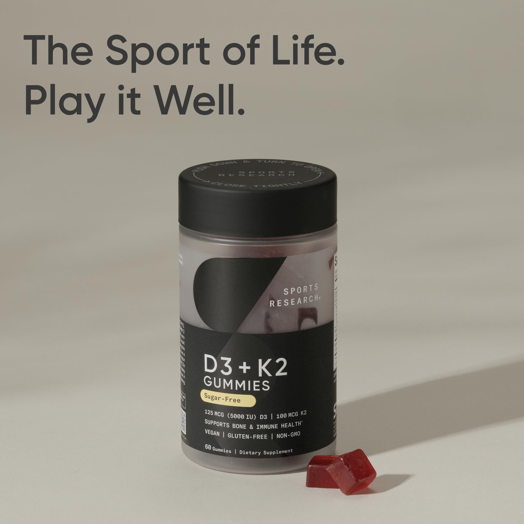 Lifestyle-friendly Sports Research vegan D3 + K2 gummies option for adults.