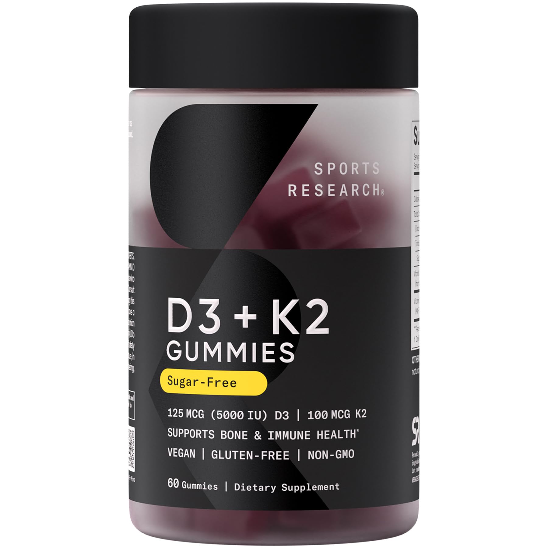 Sports Research Vegan D3 + K2 gummies bottle showcased for bone-supporting vitamins.