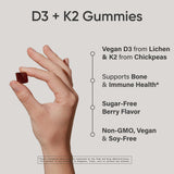 Closeup of Sports Research vegan D3 + K2 gummies highlighting sugar-free formula.