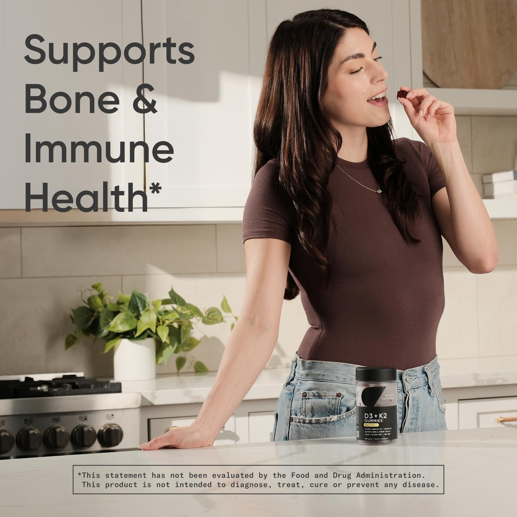 Morning routine with Sports Research vegan D3 + K2 gummies for daily wellness.