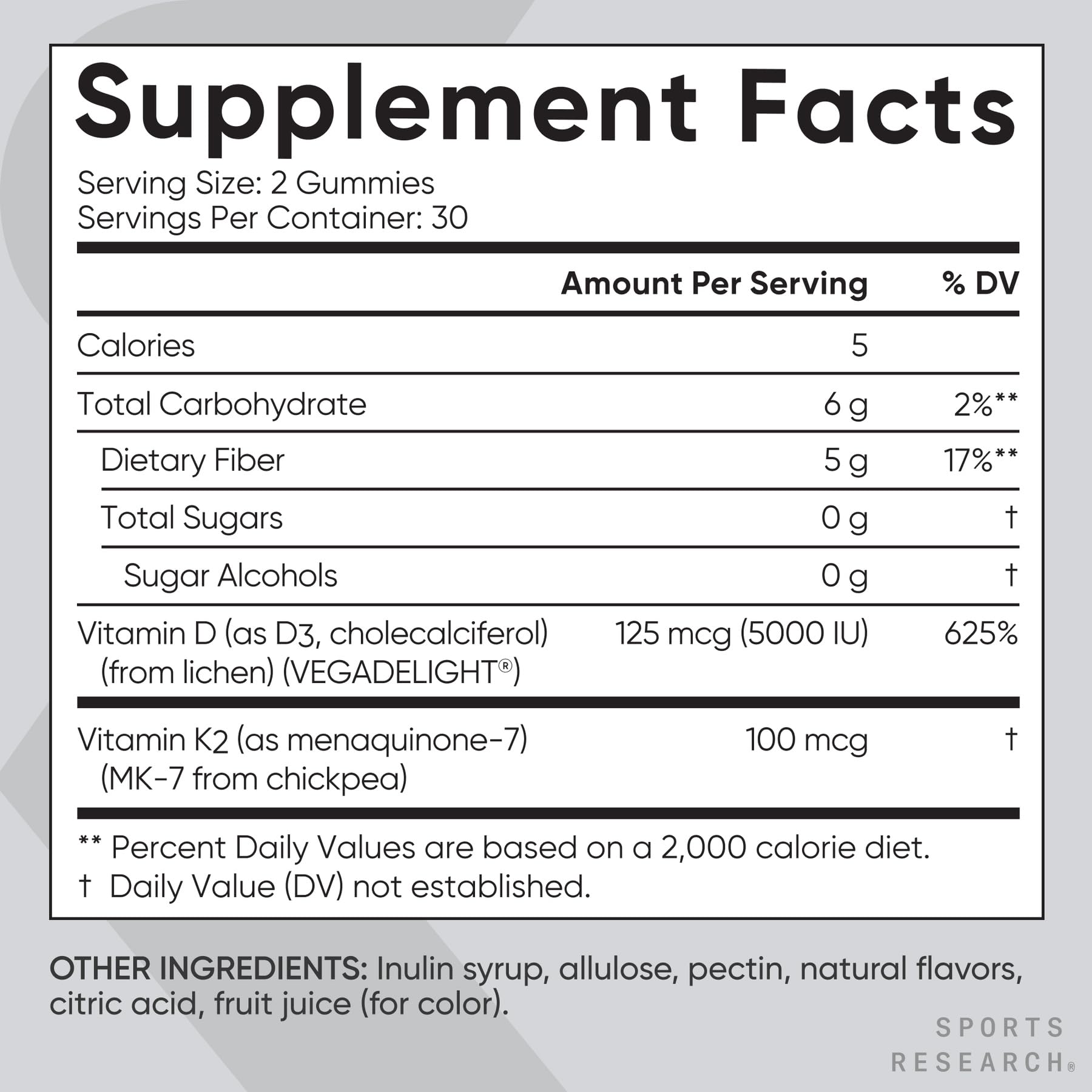 Packaging of Sports Research vegan D3 + K2 gummies with 60 gummies per bottle.