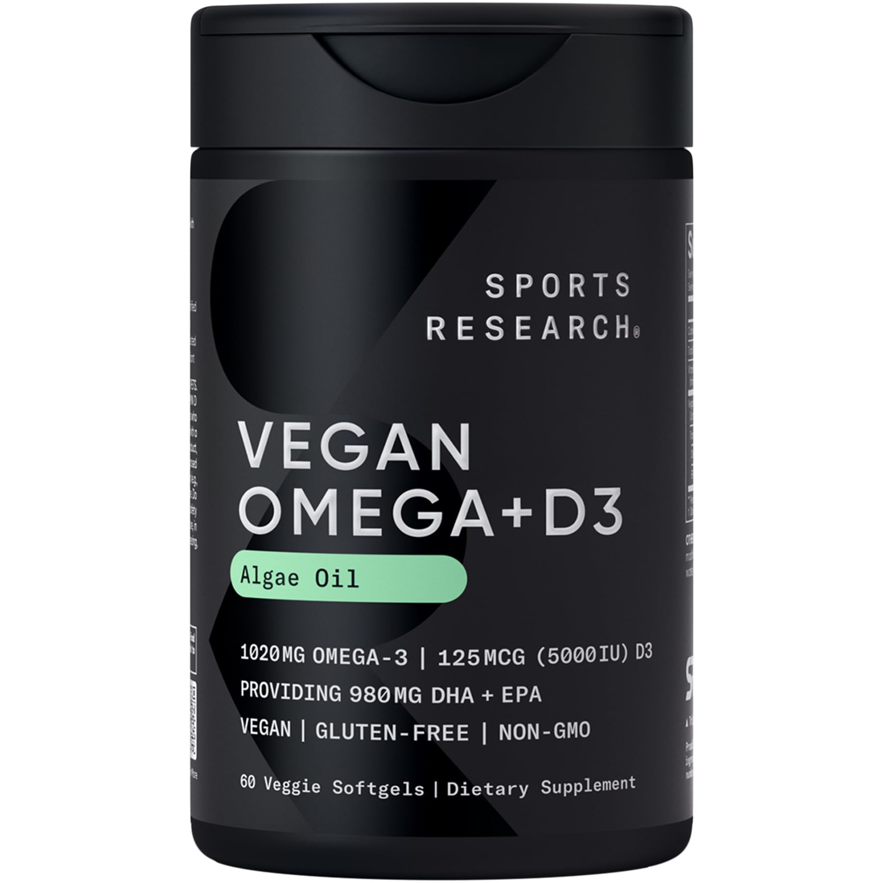 Sports Research Vegan Omega-3 D3, bouteille: source oméga-3 végétale pratique.
