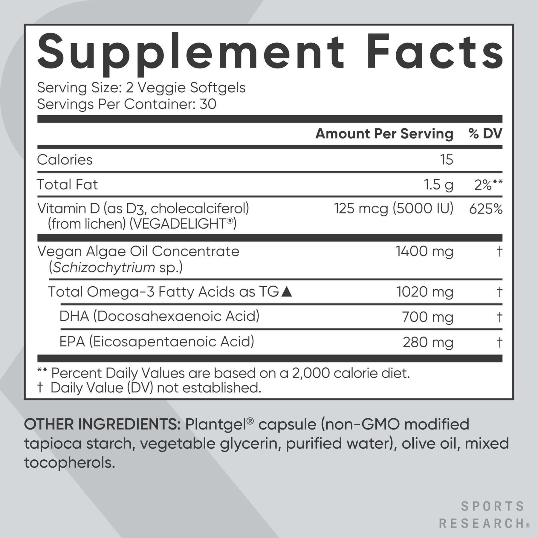 Sports Research Vegan Omega-3 D3, non-GMO: ingrédients végétaux sans OGM.