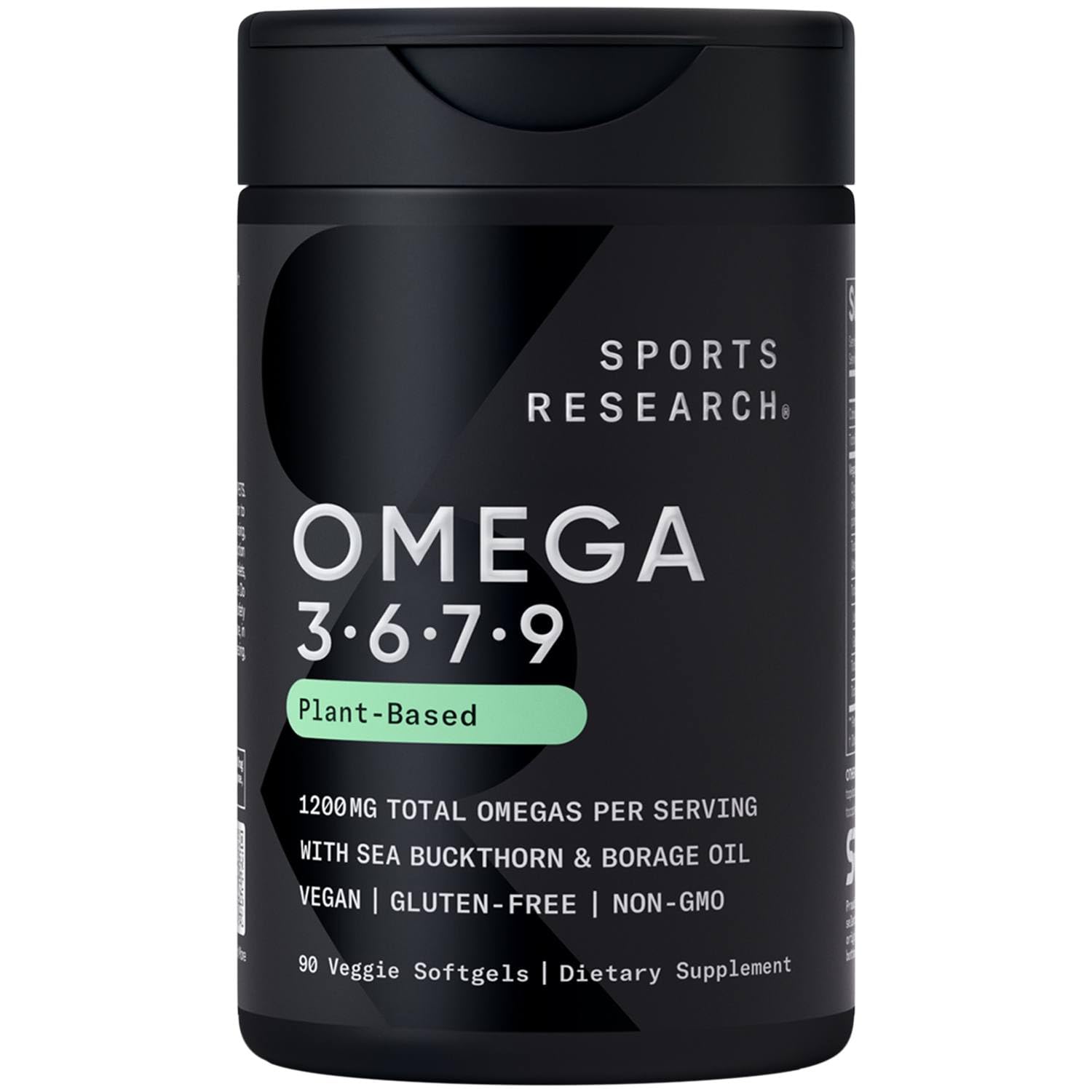 Sports Research Vegan Omega: bouteille présentant le produit et ses bénéfices potentiels.