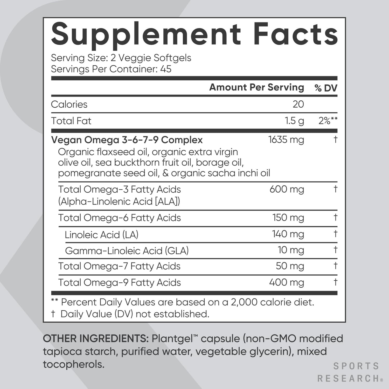 Sports Research Vegan Omega: flacon pratique pour l'apport nutritionnel quotidien.