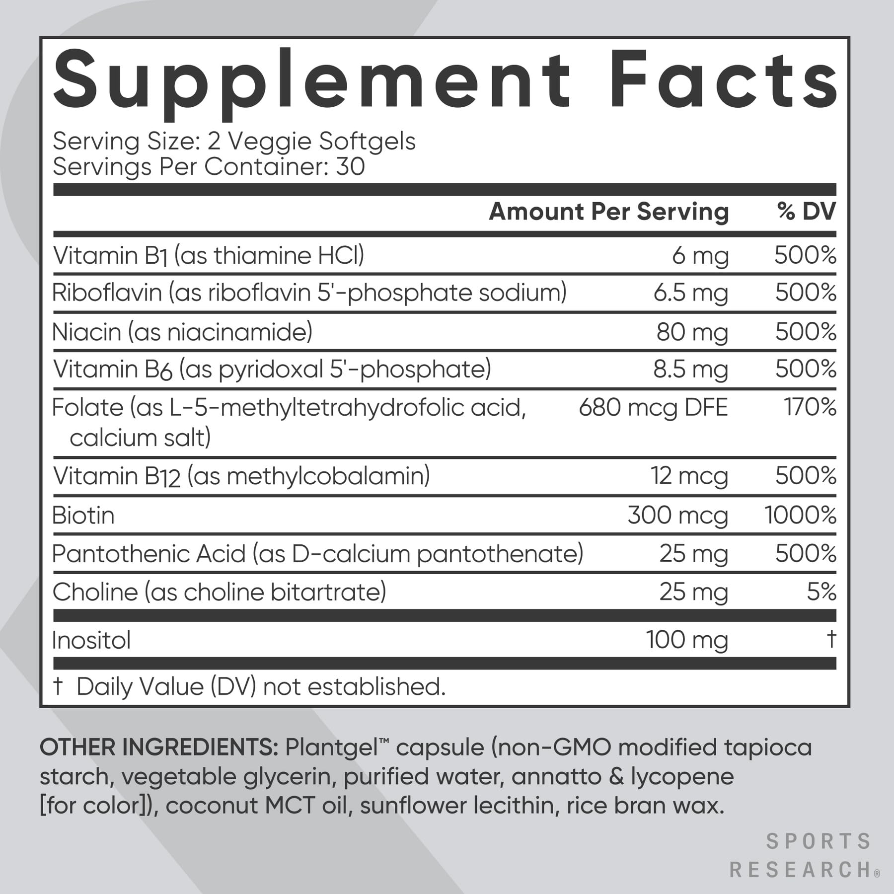 Ingrédients coco-mct et lecithine dans Sports Research Vitamin B-Complex.