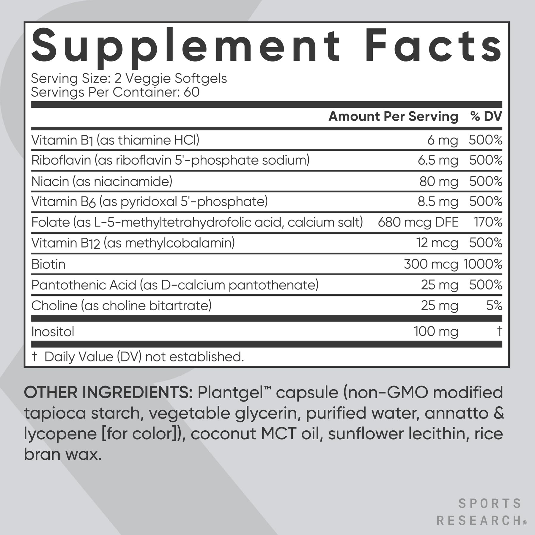 Sports Research Vitamine B-Complexe – ScentCert garantissant fraîcheur des gélules.