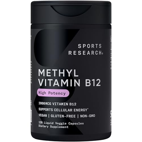 Sports Research vitamine B12 en flacon, capsules liquides véganes soutenant l'énergie.