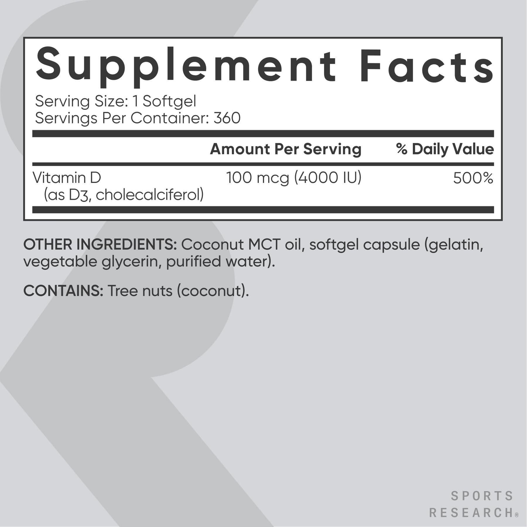 Sports Research Vitamine D3 4000 UI capsules, bouteille facile à ouvrir.
