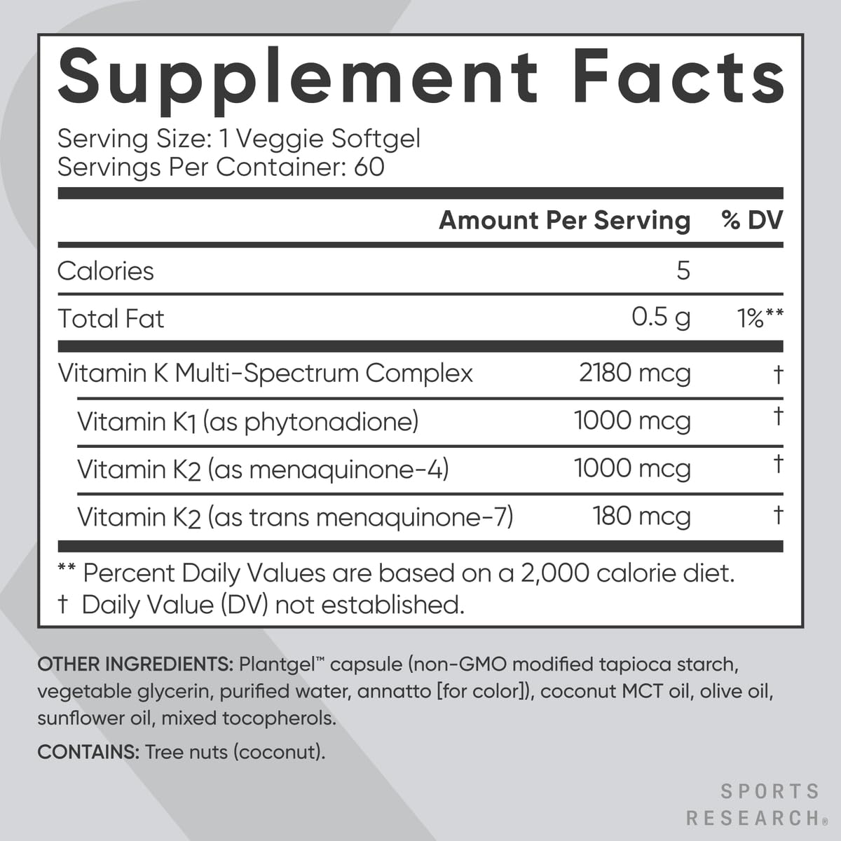 Sports Research Vitamin K Multi-Spectrum – Plantgel, gélules véganes sans gélatine animale.